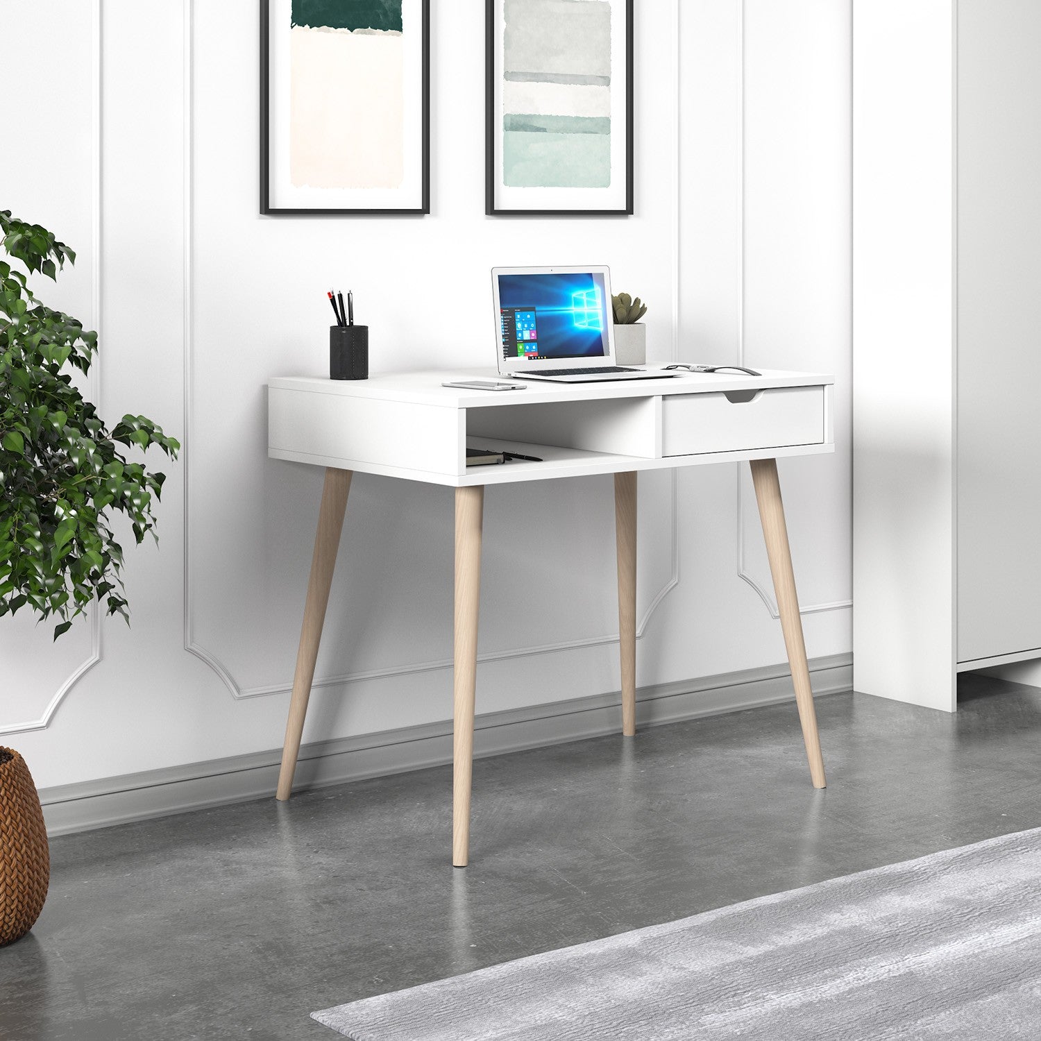Secretária de Estudo/Escritório – 90x80x60 cm – Branco e Madeira – Painel de partículas