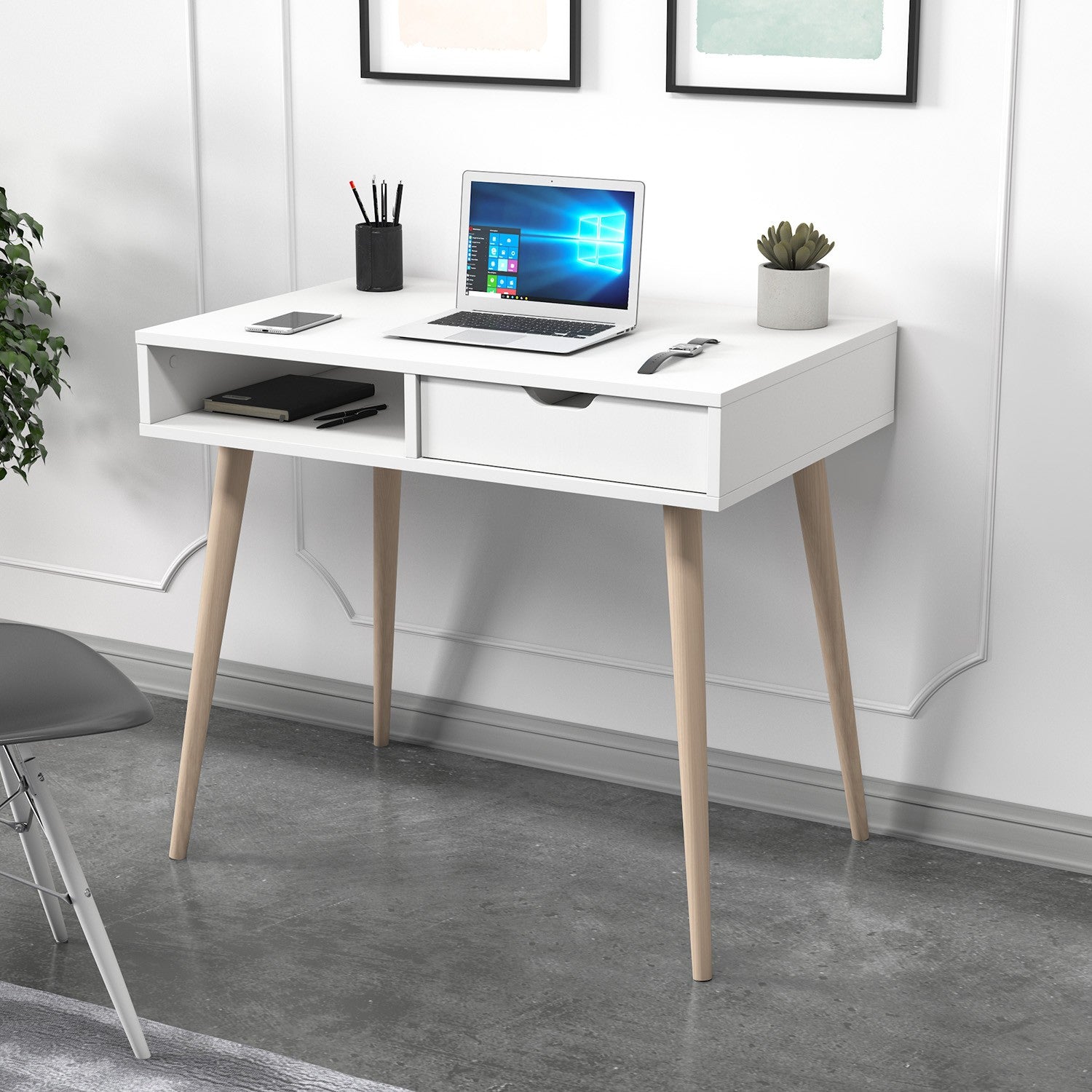 Secretária de Estudo/Escritório – 90x80x60 cm – Branco e Madeira – Painel de partículas