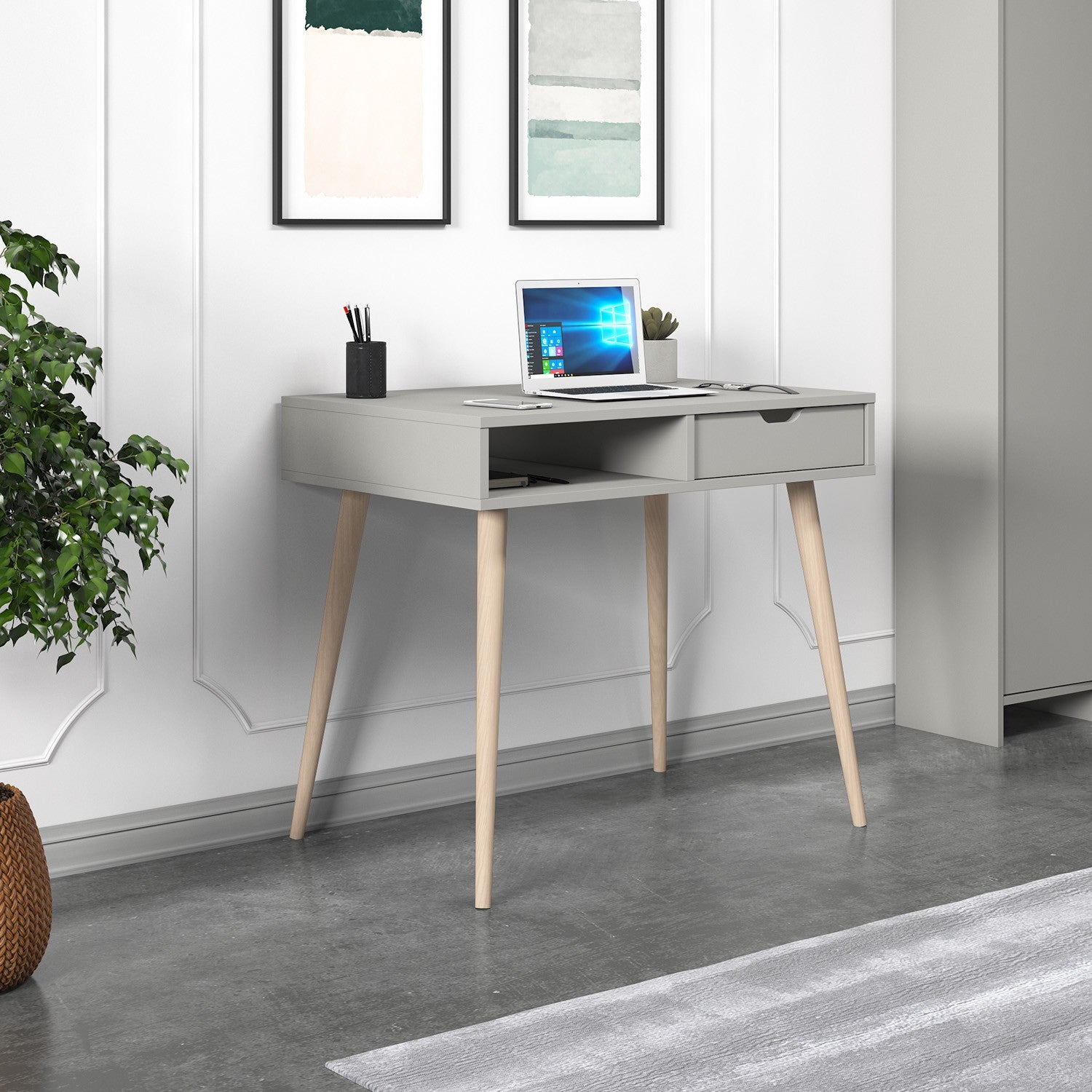 Secretária de Estudo – 90cm x 80cm x 60cm – Cinza e Madeira – Painel de Partículas com Revestimento a Melamina