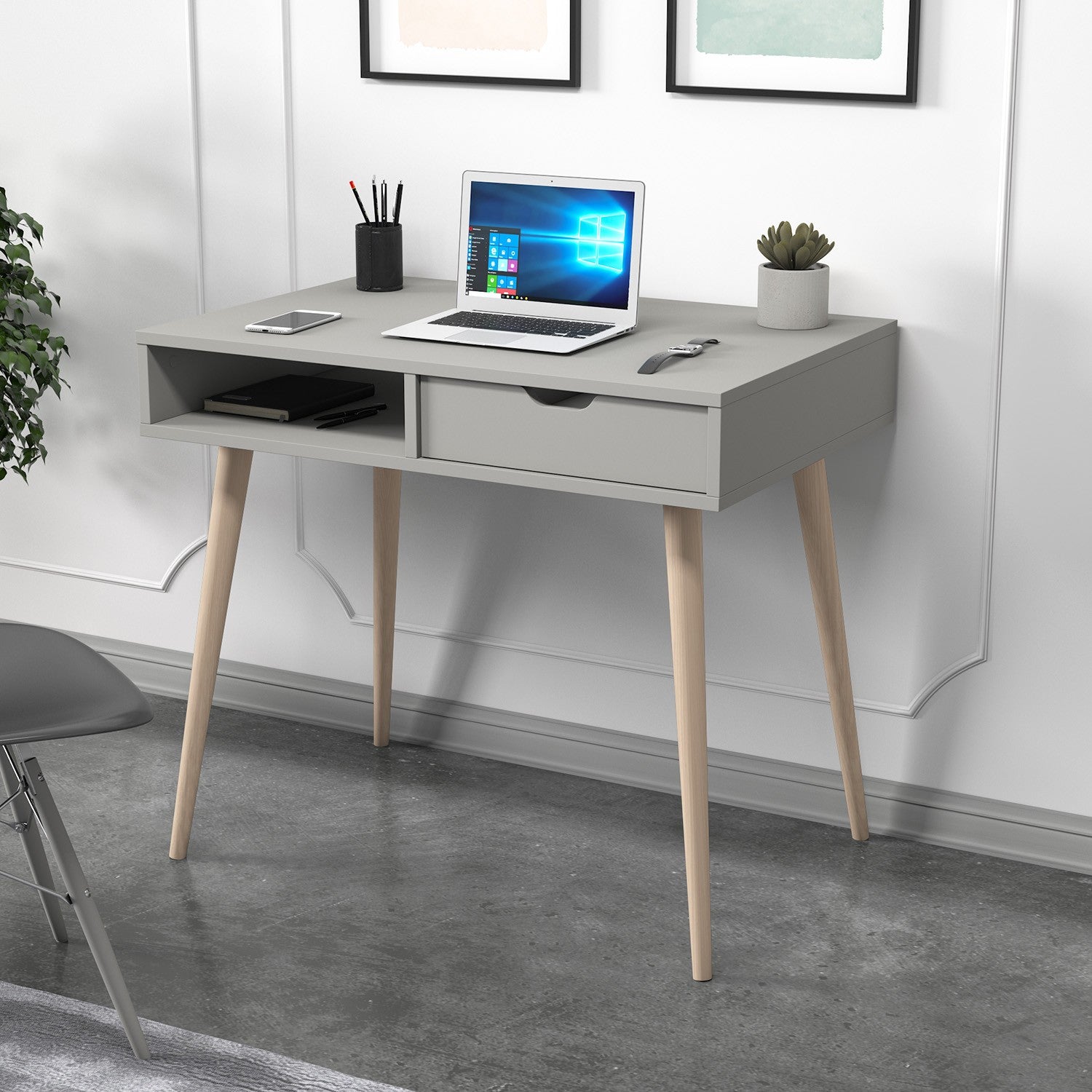 Secretária de Estudo – 90cm x 80cm x 60cm – Cinza e Madeira – Painel de Partículas com Revestimento a Melamina