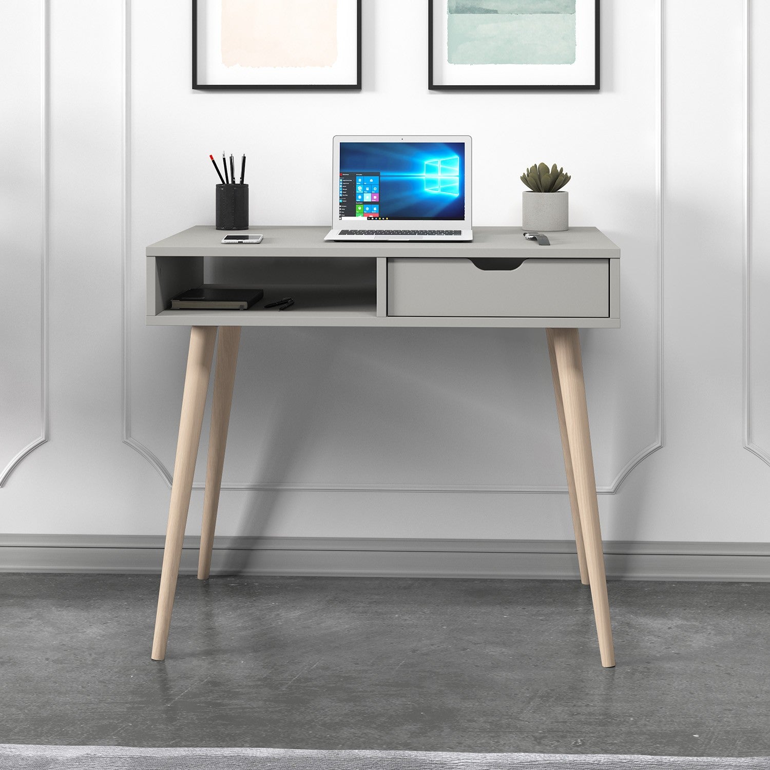 Secretária de Estudo – 90cm x 80cm x 60cm – Cinza e Madeira – Painel de Partículas com Revestimento a Melamina