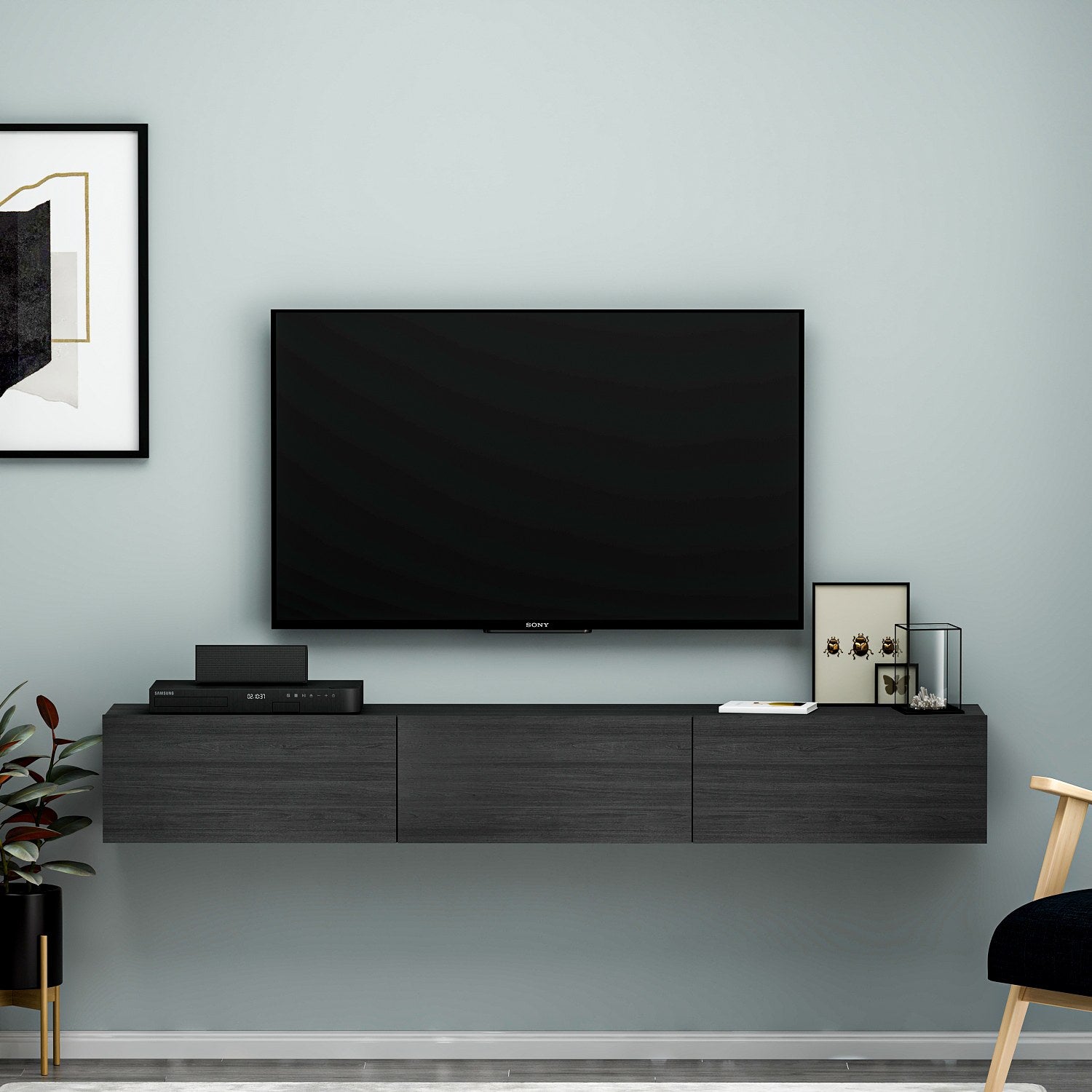 Móvel de TV – 180 cm de largura – Preto – Painel de partículas revestido de melamina
