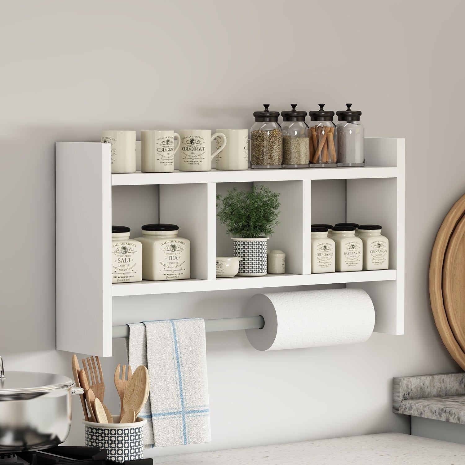 Prateleira de parede branca elegante, 63,6 x 35 x 14,6 cm | Painel de partículas 100% revestido de melamina, 18 mm de espessura | Perfeito para decoração e organização de casa moderna