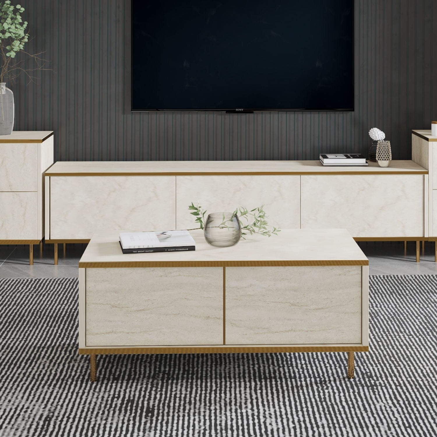 Mesa de Centro Elegante, Travertino e Dourado, 90 x 40 x 45 cm | Painel de Partículas 100% Revestido em Melamina, 18 mm de Espessura | Design Elegante em Mármore para Espaços Modernos