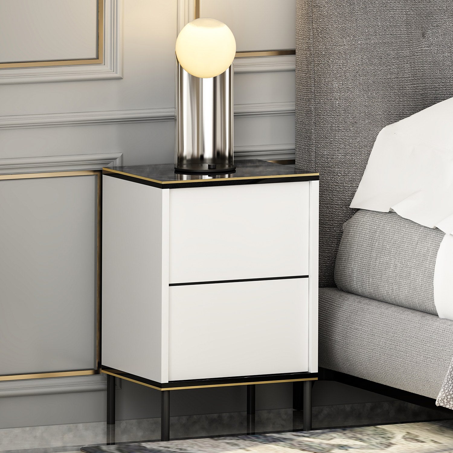 Mesa de Cabeceira Elegante, 40 x 60 x 35 cm, Branca e Preta com Detalhes Dourados | Painel de Partículas 100% Revestido em Melamina, 18 mm de Espessura | Armazenamento Elegante para Quartos Modernos