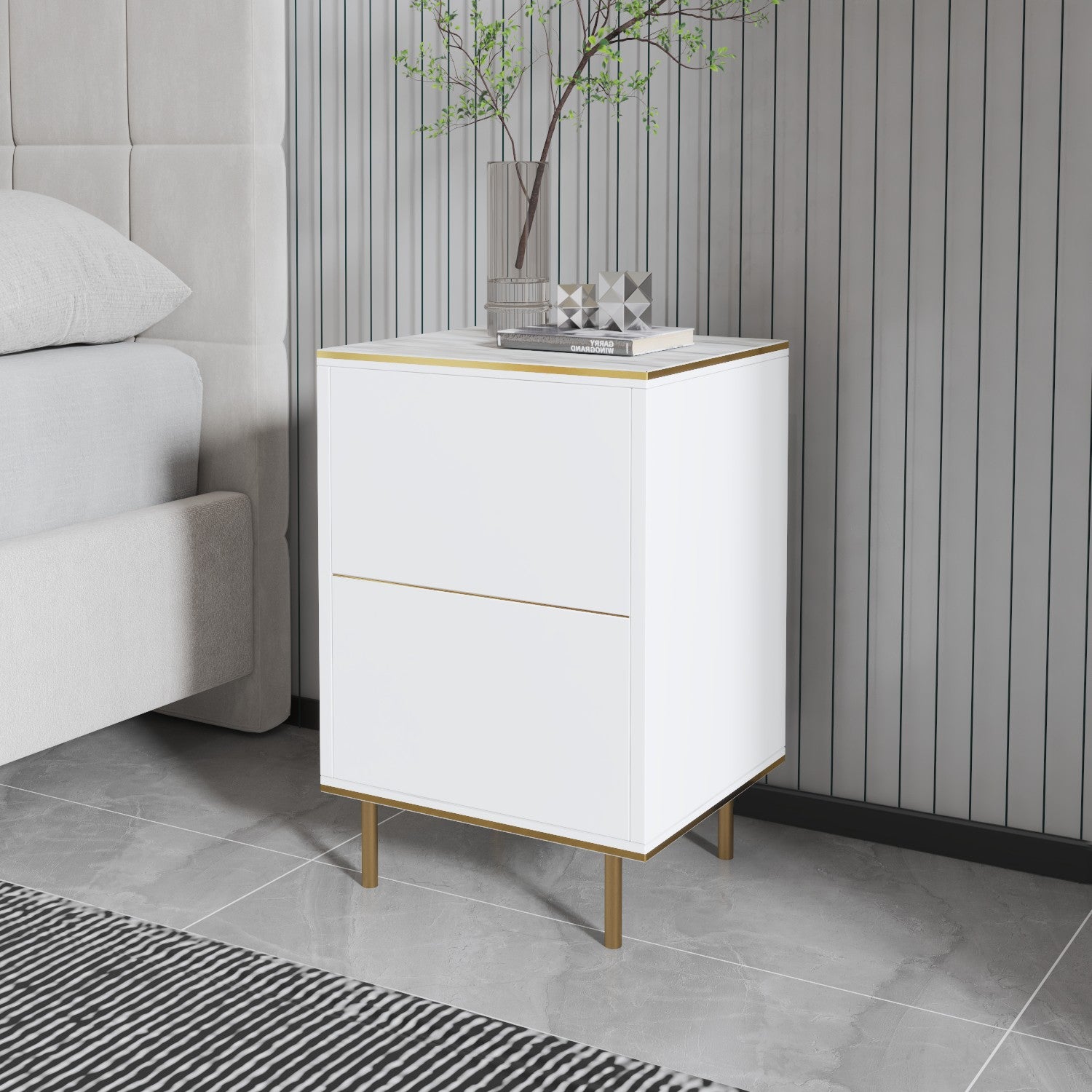 Mesa de cabeceira elegante com opção de montagem na parede, mármore branco e dourado, 40 x 60 x 35 cm | Painel de partículas 100% revestido de melamina, 18 mm de espessura, design elegante e funcional