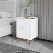 Mesa de cabeceira elegante com opção de montagem na parede, branca e dourada, 40 x 60 x 35 cm | Painel de partículas 100% revestido de melamina, 18 mm de espessura | Solução de armazenamento elegante