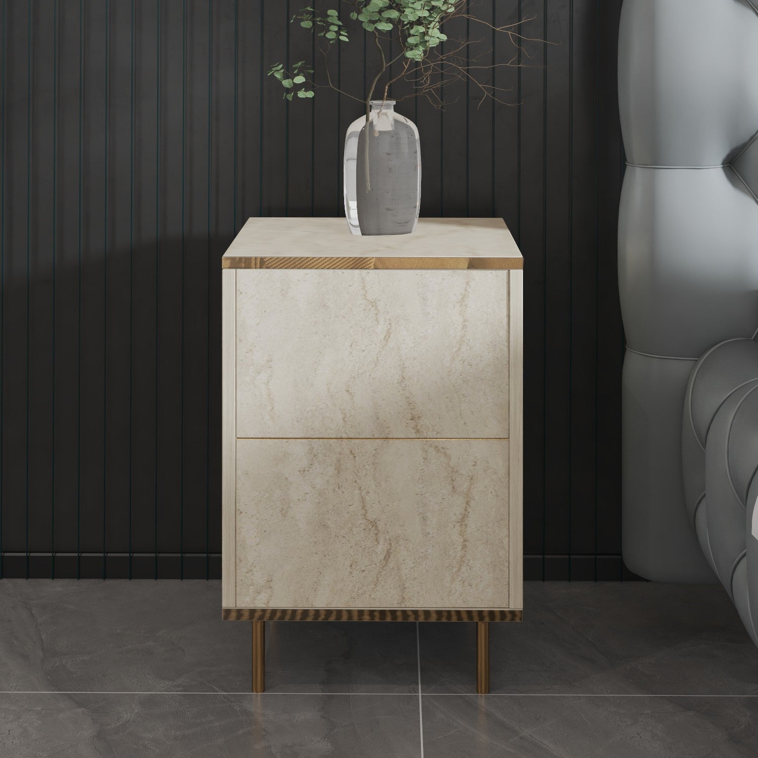 Mesa de cabeceira elegante com design em mármore, travertino e dourado, 40 x 60 x 35 cm | Painel de partículas 100% revestido em melamina, 18 mm de espessura | Solução de armazenamento elegante e montável na parede