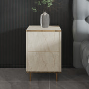 Mesa de cabeceira elegante com design em mármore, travertino e dourado, 40 x 60 x 35 cm | Painel de partículas 100% revestido em melamina, 18 mm de espessura | Solução de armazenamento elegante e montável na parede