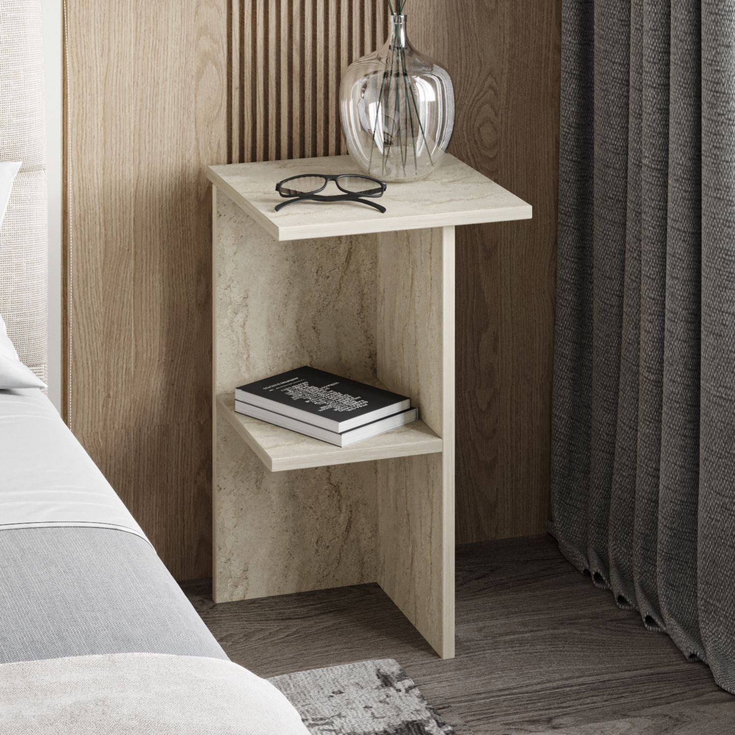 Mesa de Cabeceira Elegante, Cor Travertino, 36 x 60 x 36 cm | Painel de Partículas 100% Revestido em Melamina, 18 mm de Espessura | Perfeito para Quartos e Salas de Estar Modernos