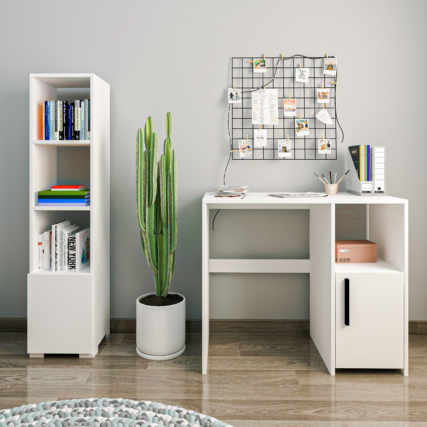 Secretária e Estante de Estudo – 90cm x 45cm x 77.8cm – Branco – Painel de Partículas