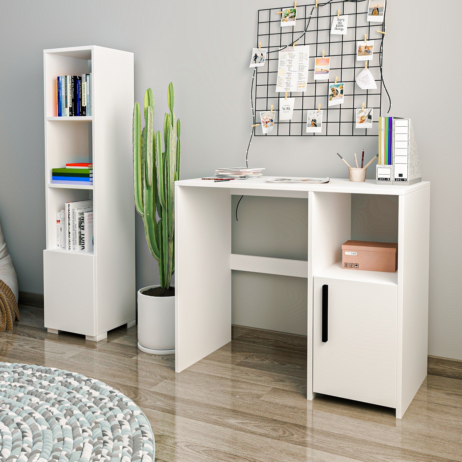 Secretária e Estante de Estudo – 90cm x 45cm x 77.8cm – Branco – Painel de Partículas