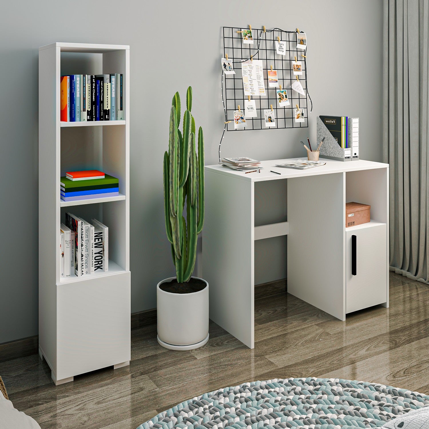 Secretária e Estante de Estudo – 90cm x 45cm x 77.8cm – Branco – Painel de Partículas
