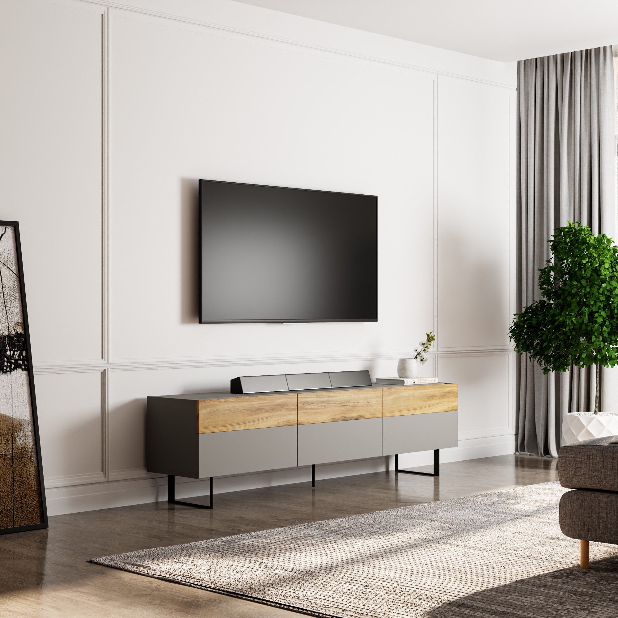 Móvel de TV – 180 cm x 49 cm x 37 cm – Cinza e Carvalho – Painéis de partículas revestidos a melamina