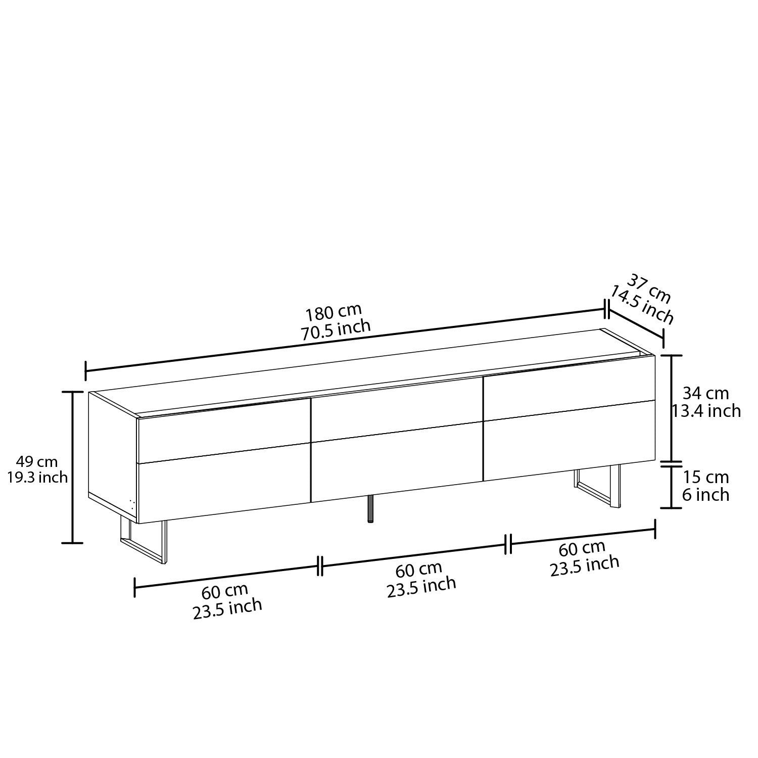 Móvel de TV – 180 cm x 49 cm x 37 cm – Cinza e Carvalho – Painéis de partículas revestidos a melamina