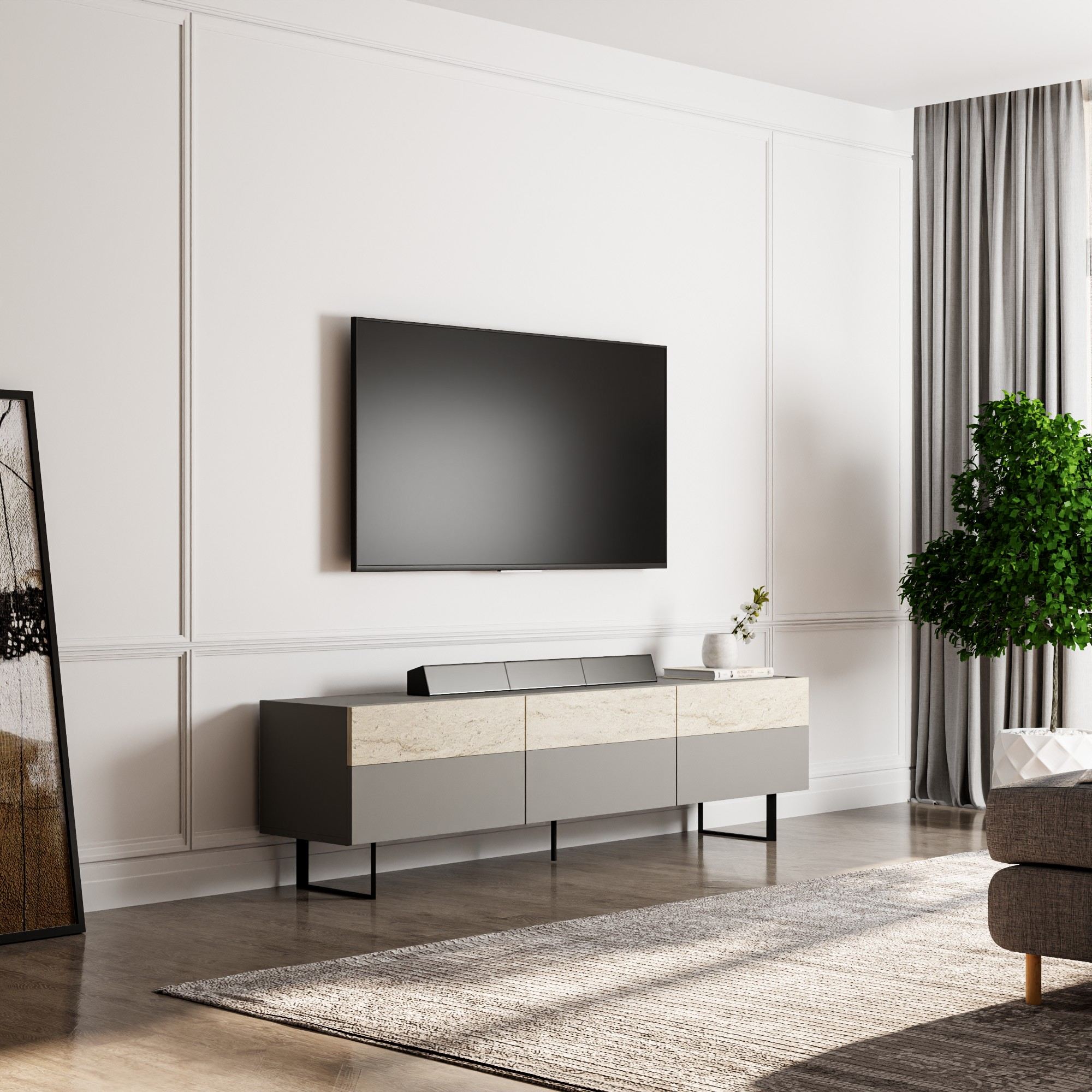 Móvel de TV – 180 cm x 49 cm x 37 cm – Cinzento e Travertino – Painéis de partículas revestidos a melamina