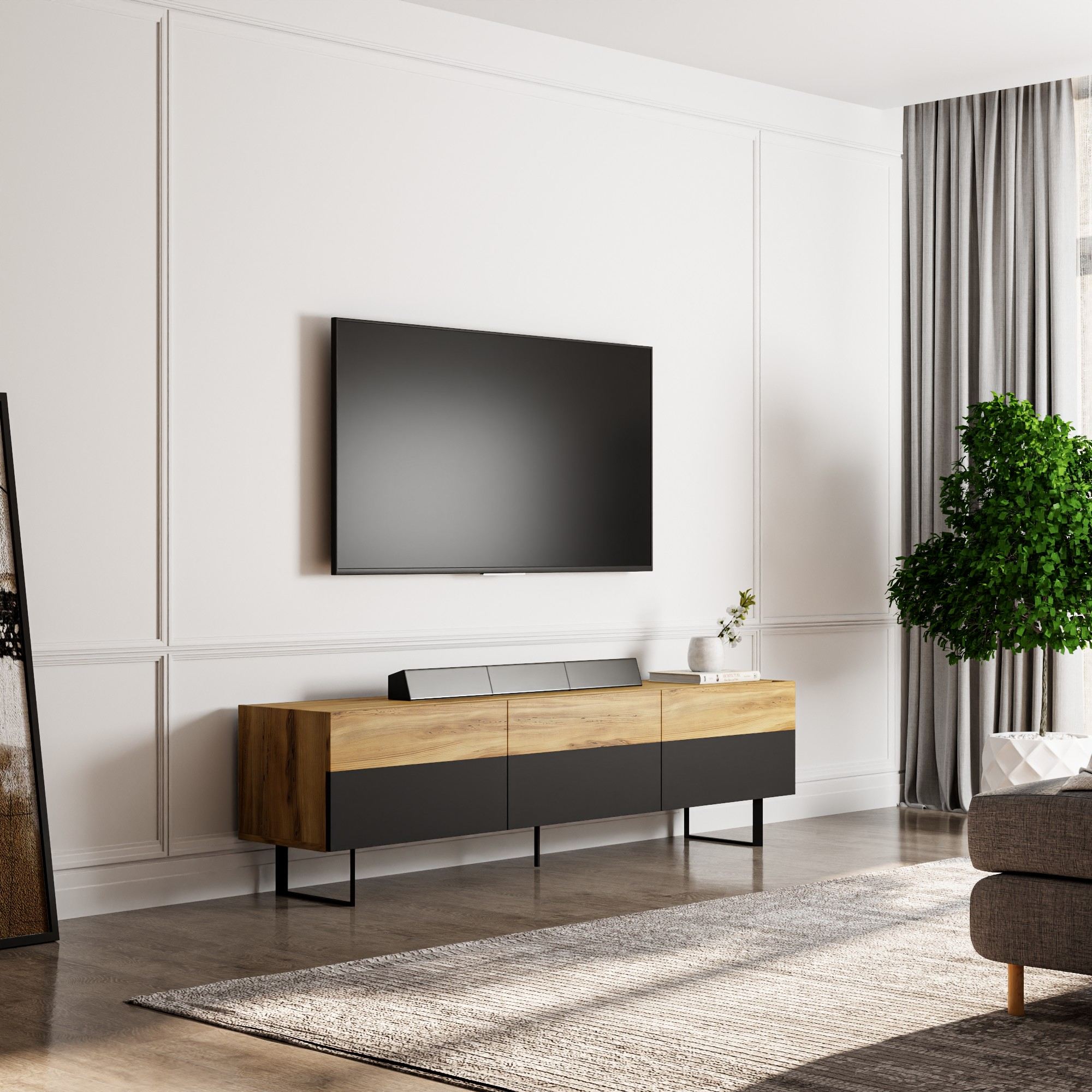 Móvel de TV – 180 cm largura – Preto e Carvalho – Melamina