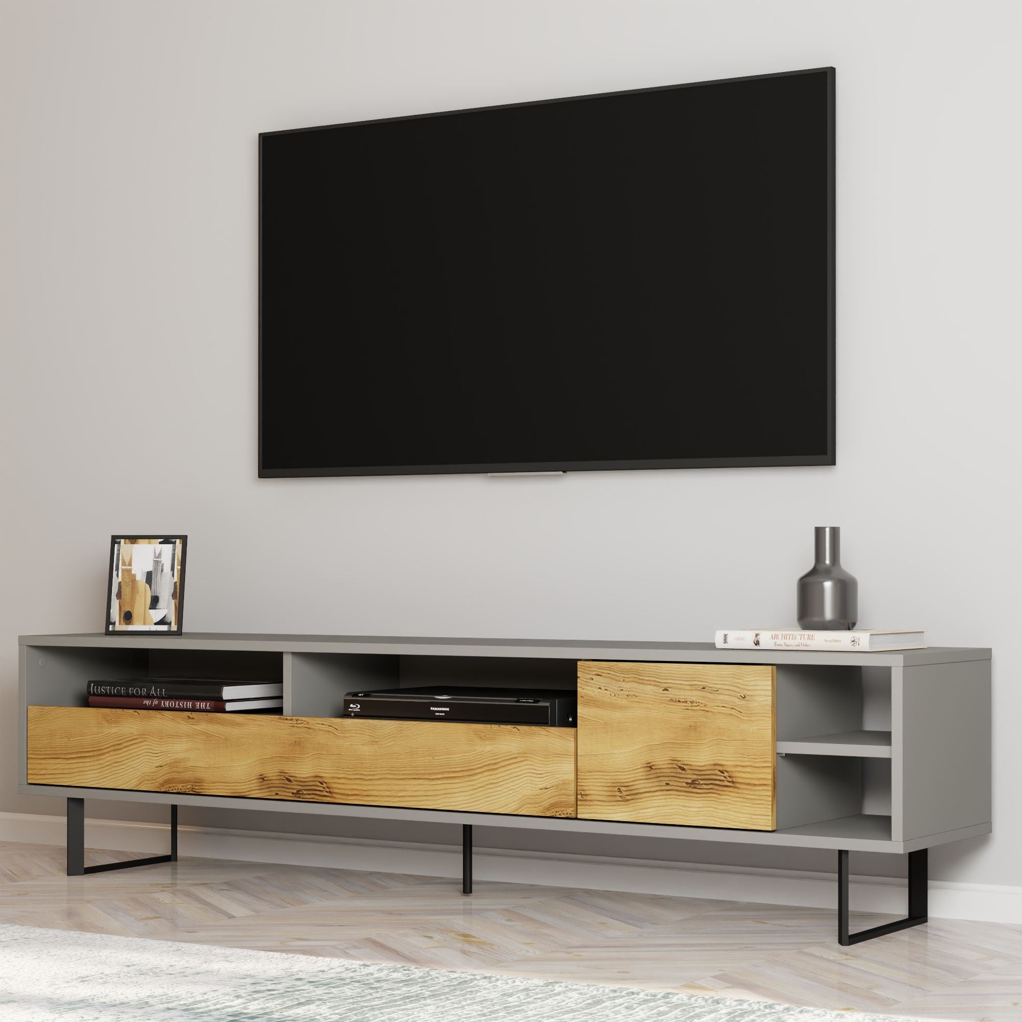 Móvel de TV – 180 cm x 44,7 cm x 29,8 cm – Cinza e Carvalho – Painel de Partículas Revestido a Melamina