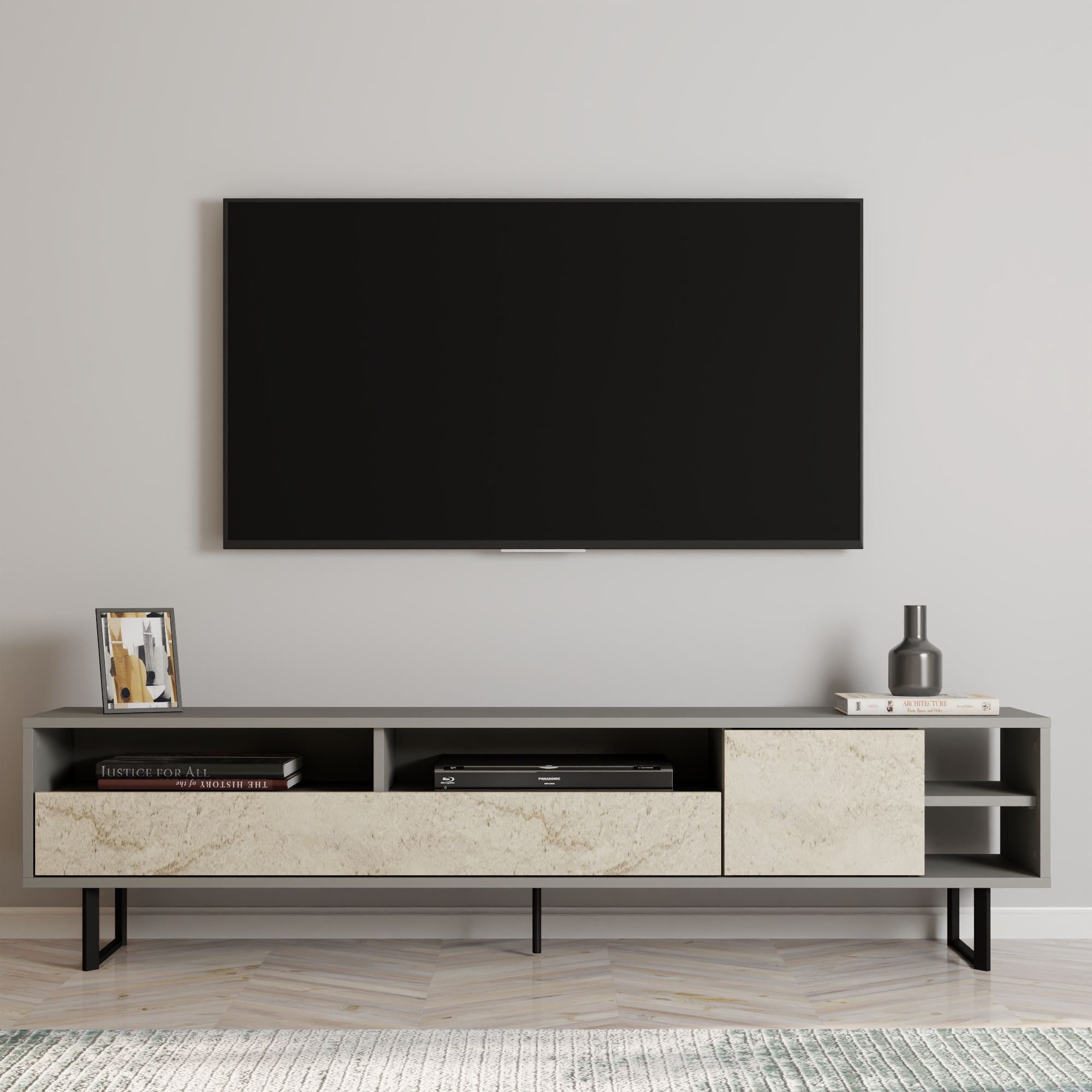 Móvel de TV – 180 cm – Cinzento e Travertino – Painéis de partículas
