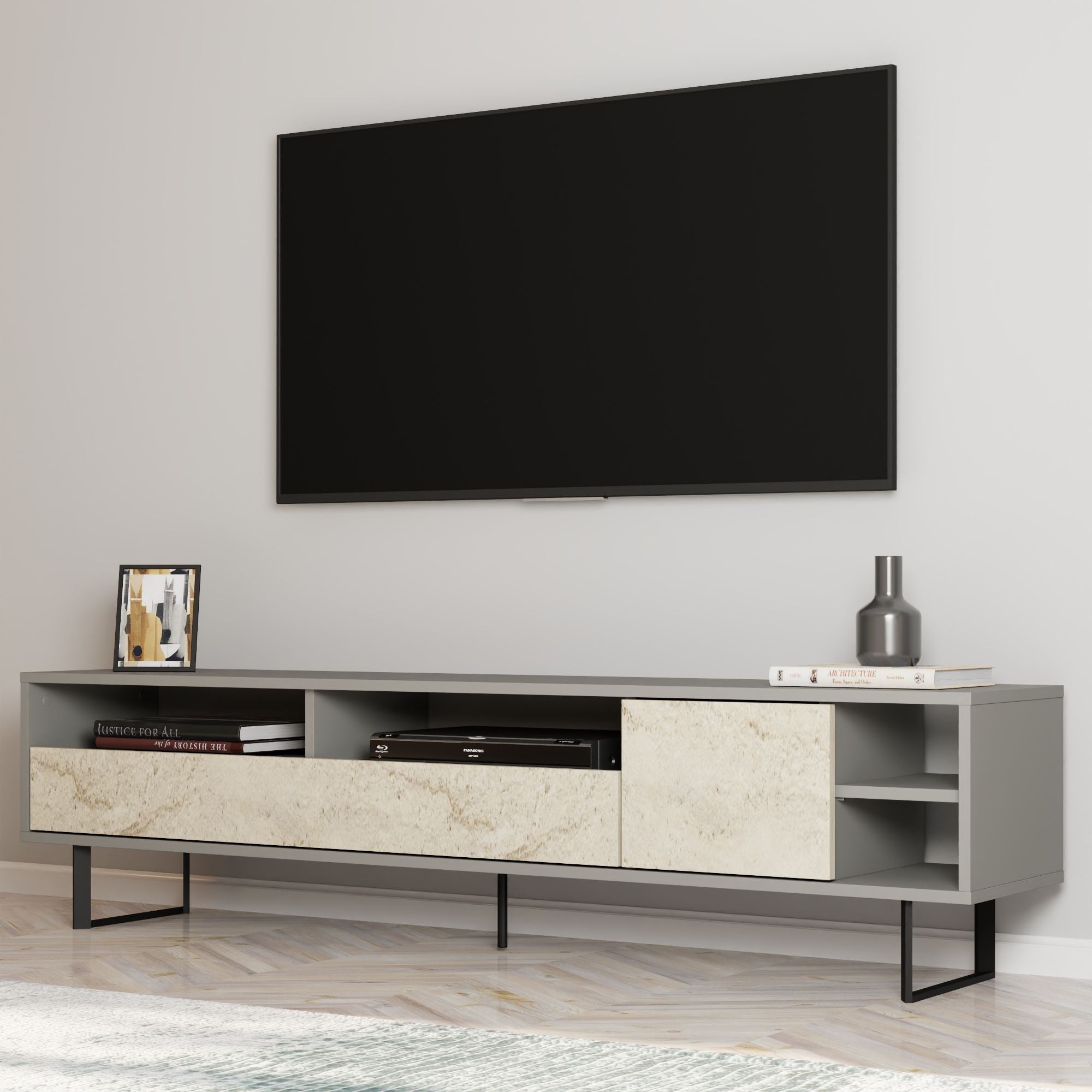 Móvel de TV – 180 cm – Cinzento e Travertino – Painéis de partículas