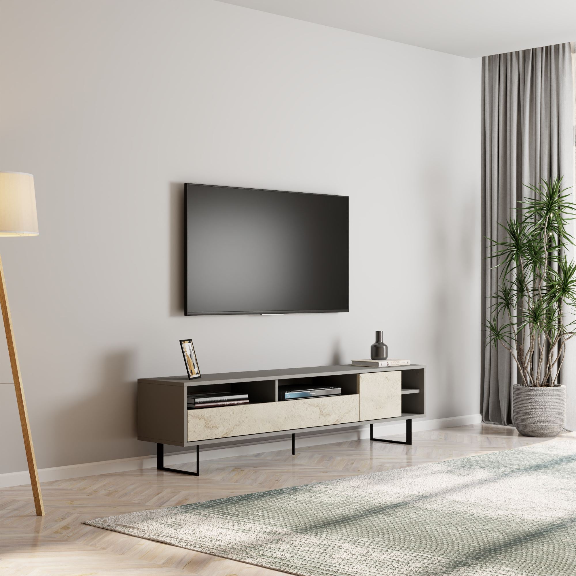 Móvel de TV – 180 cm – Cinzento e Travertino – Painéis de partículas