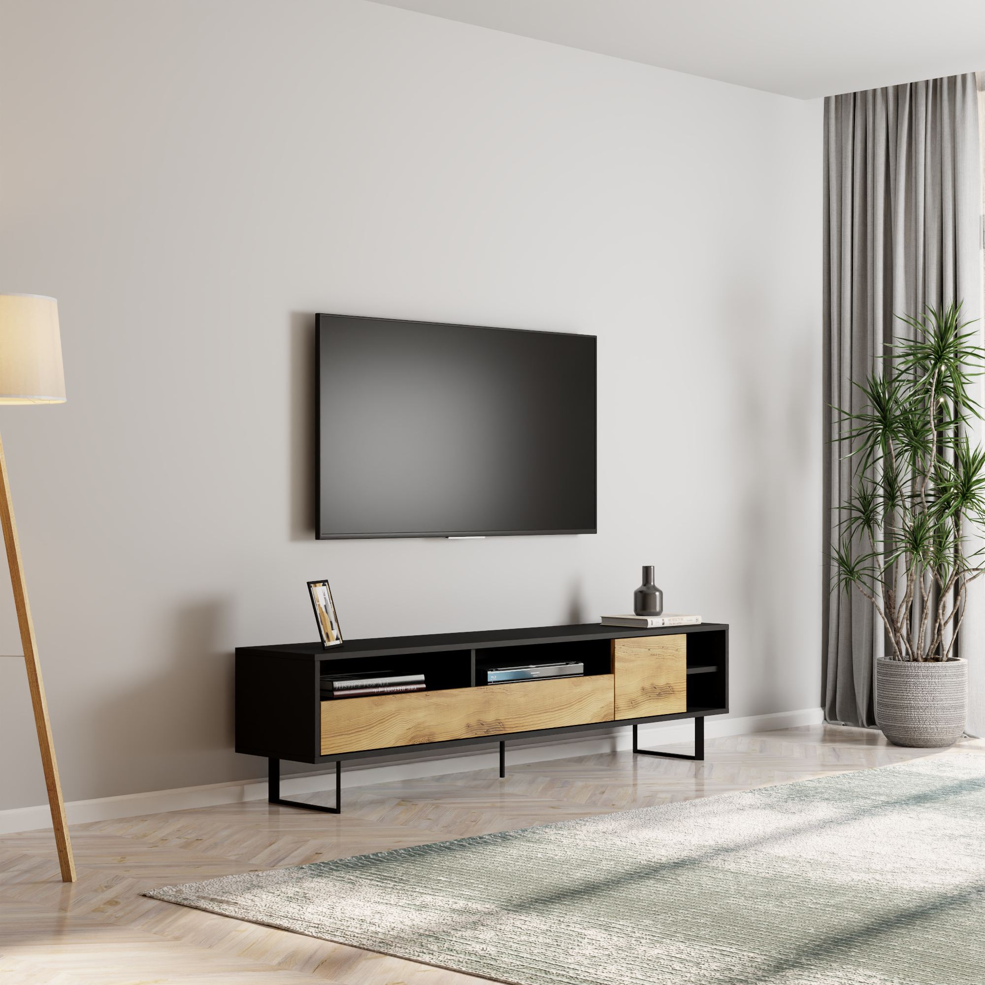 Móvel de TV – 180 cm – Preto e Carvalho – Melamina