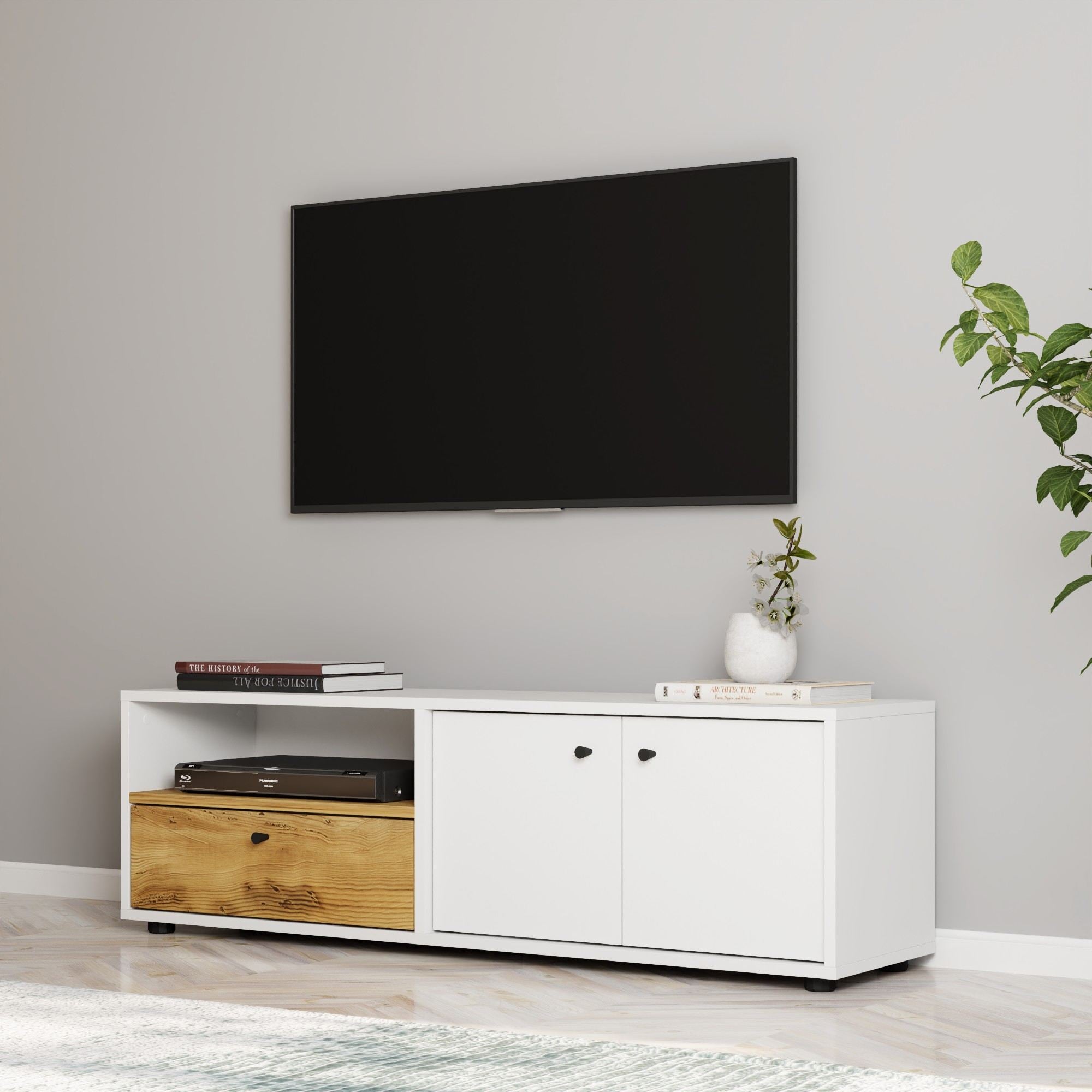 Móvel de TV – 136 cm x 42 cm x 35 cm – Branco e Carvalho – Painéis de Partículas