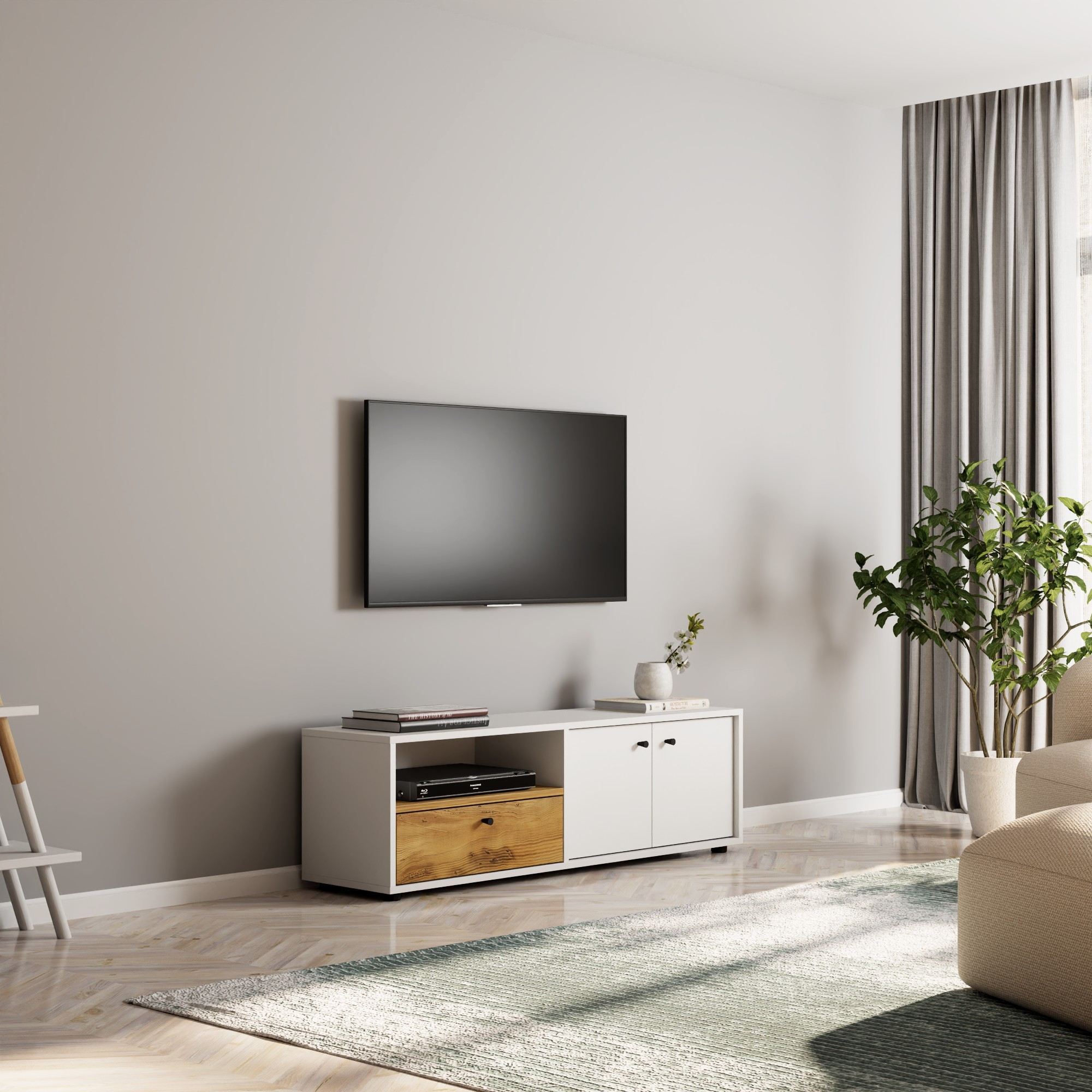 Móvel de TV – 136 cm x 42 cm x 35 cm – Branco e Carvalho – Painéis de Partículas