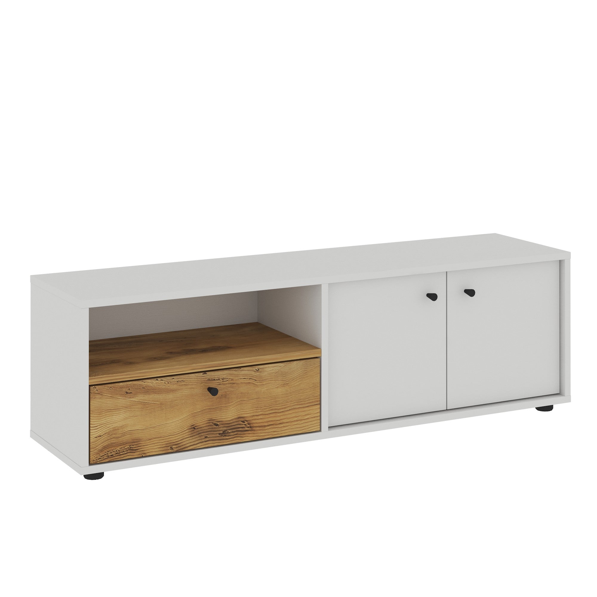 Móvel de TV – 136 cm x 42 cm x 35 cm – Branco e Carvalho – Painéis de Partículas