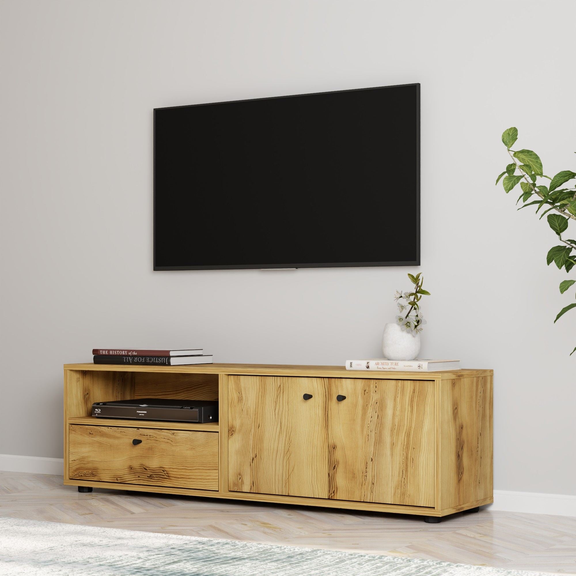 Móvel de TV – 136 cm x 42 cm x 35 cm – Carvalho – Painel de partículas revestido a melamina