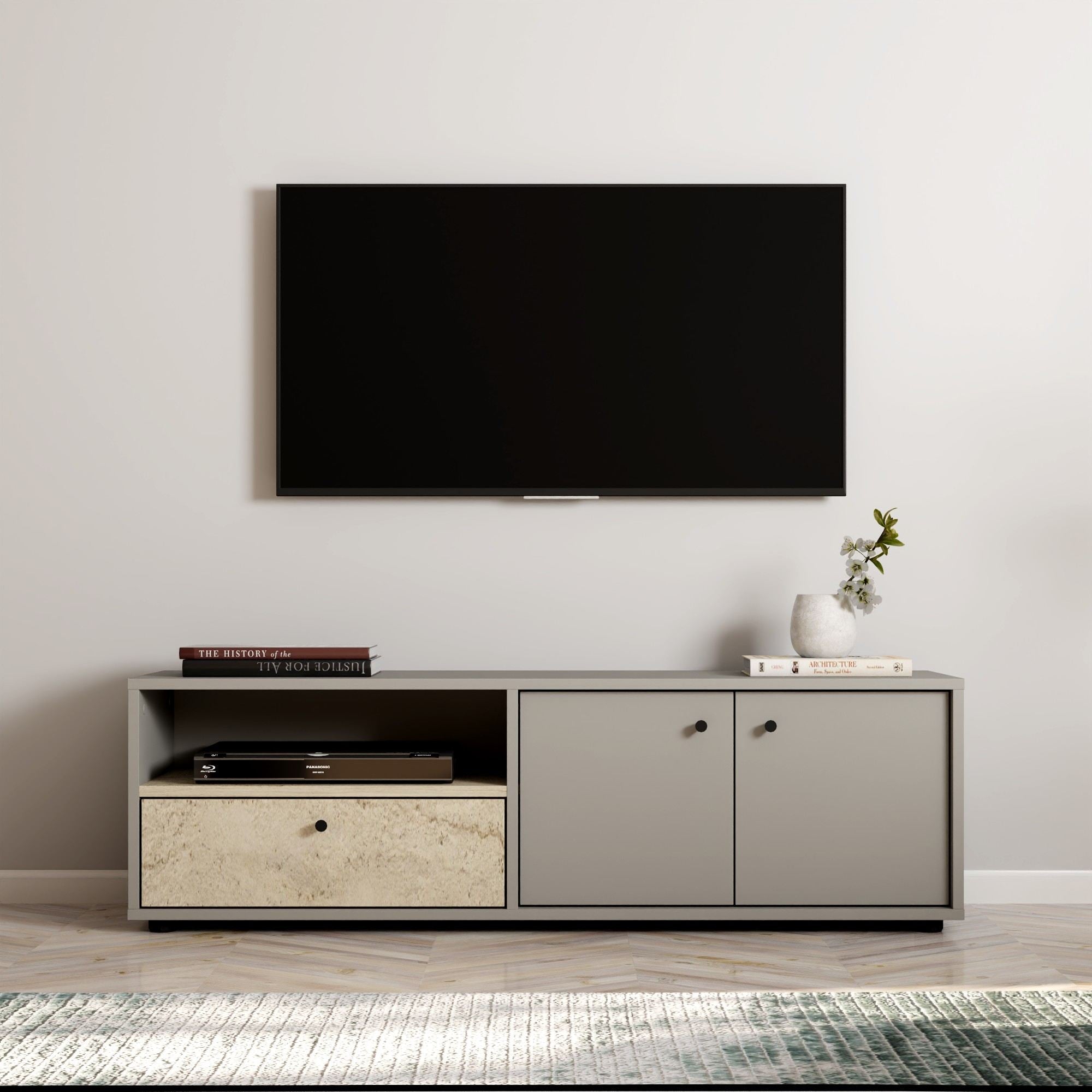 Móvel de TV – 136 cm x 42 cm x 35 cm – Cinzento e Travertino – Painel de partículas revestido a melamina