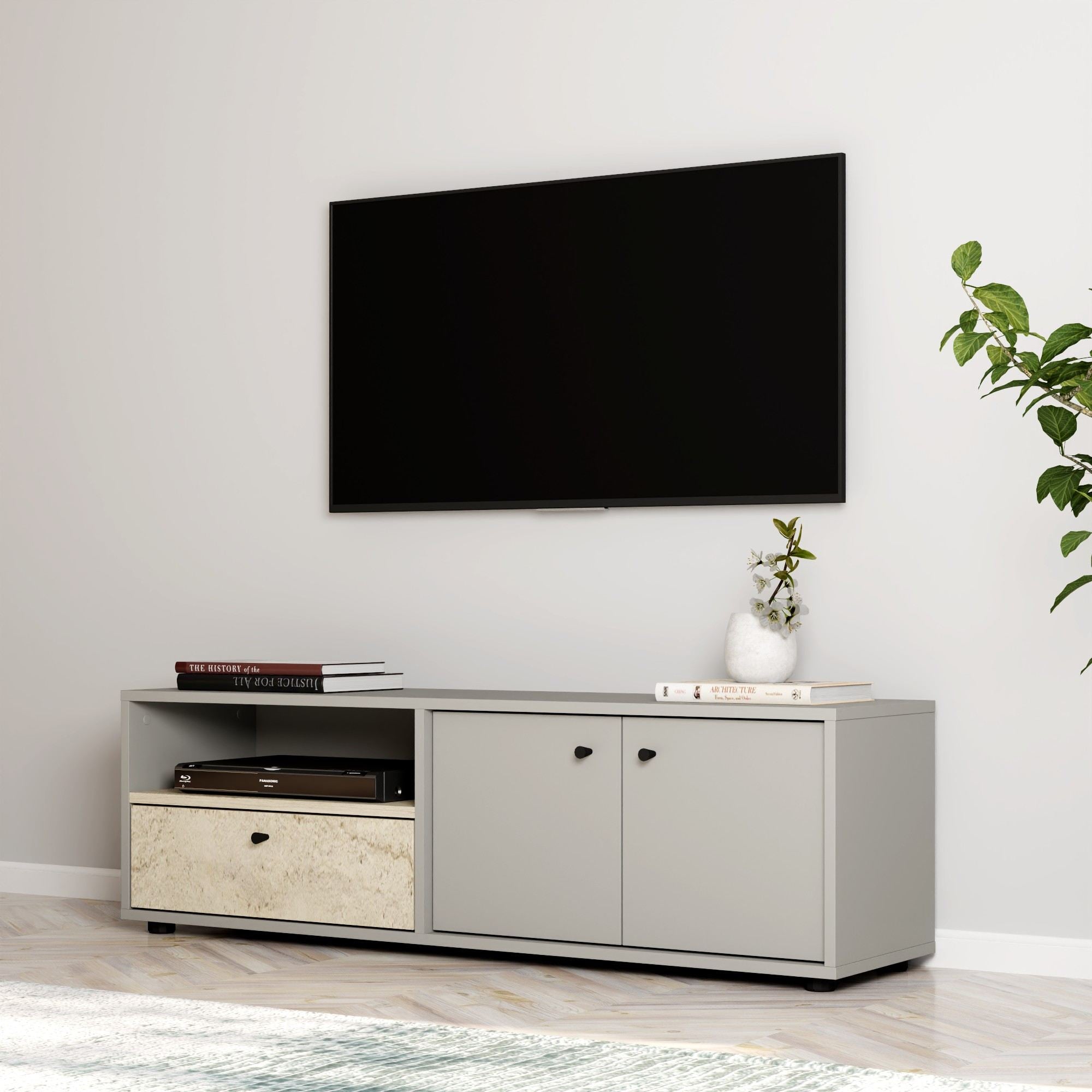 Móvel de TV – 136 cm x 42 cm x 35 cm – Cinzento e Travertino – Painel de partículas revestido a melamina