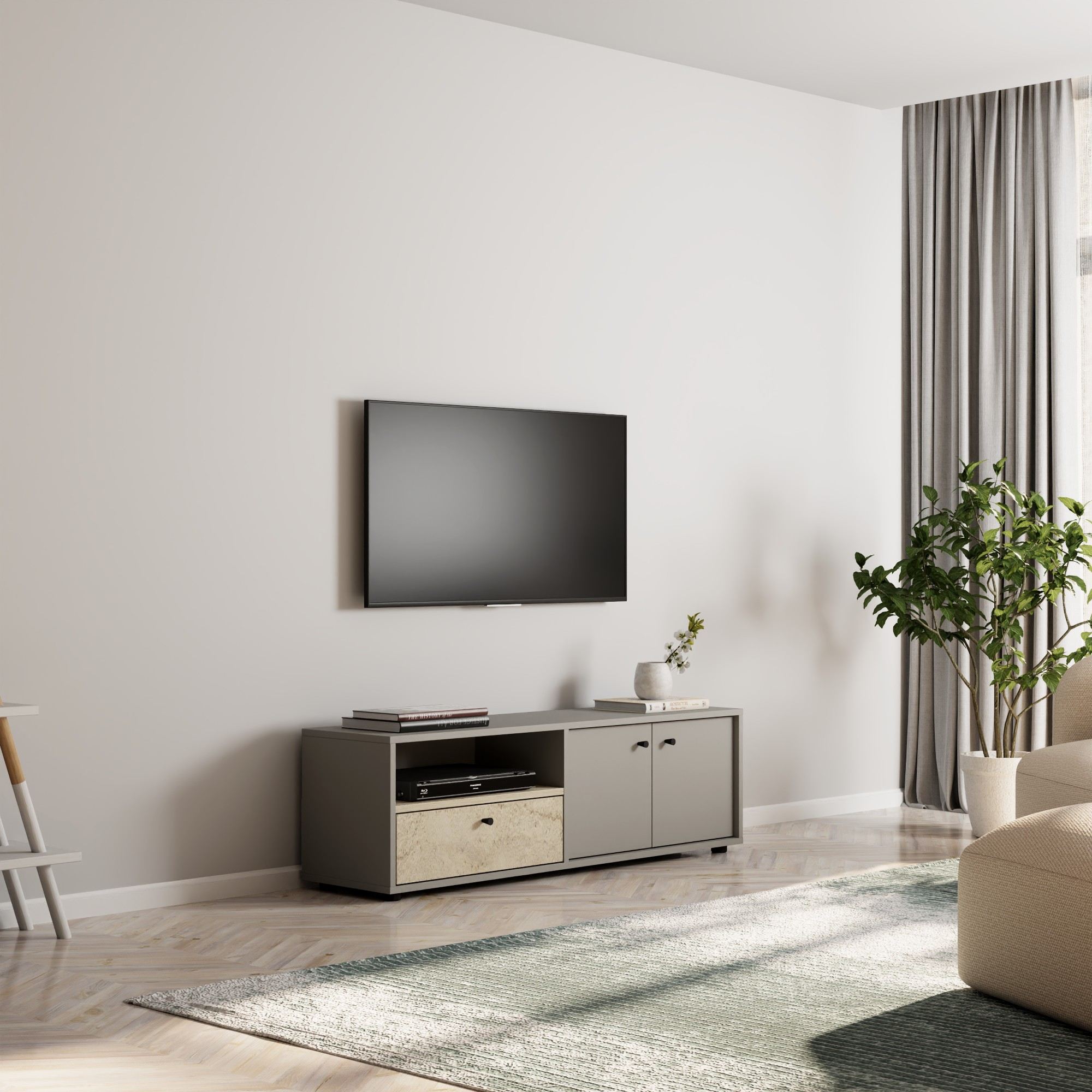 Móvel de TV – 136 cm x 42 cm x 35 cm – Cinzento e Travertino – Painel de partículas revestido a melamina