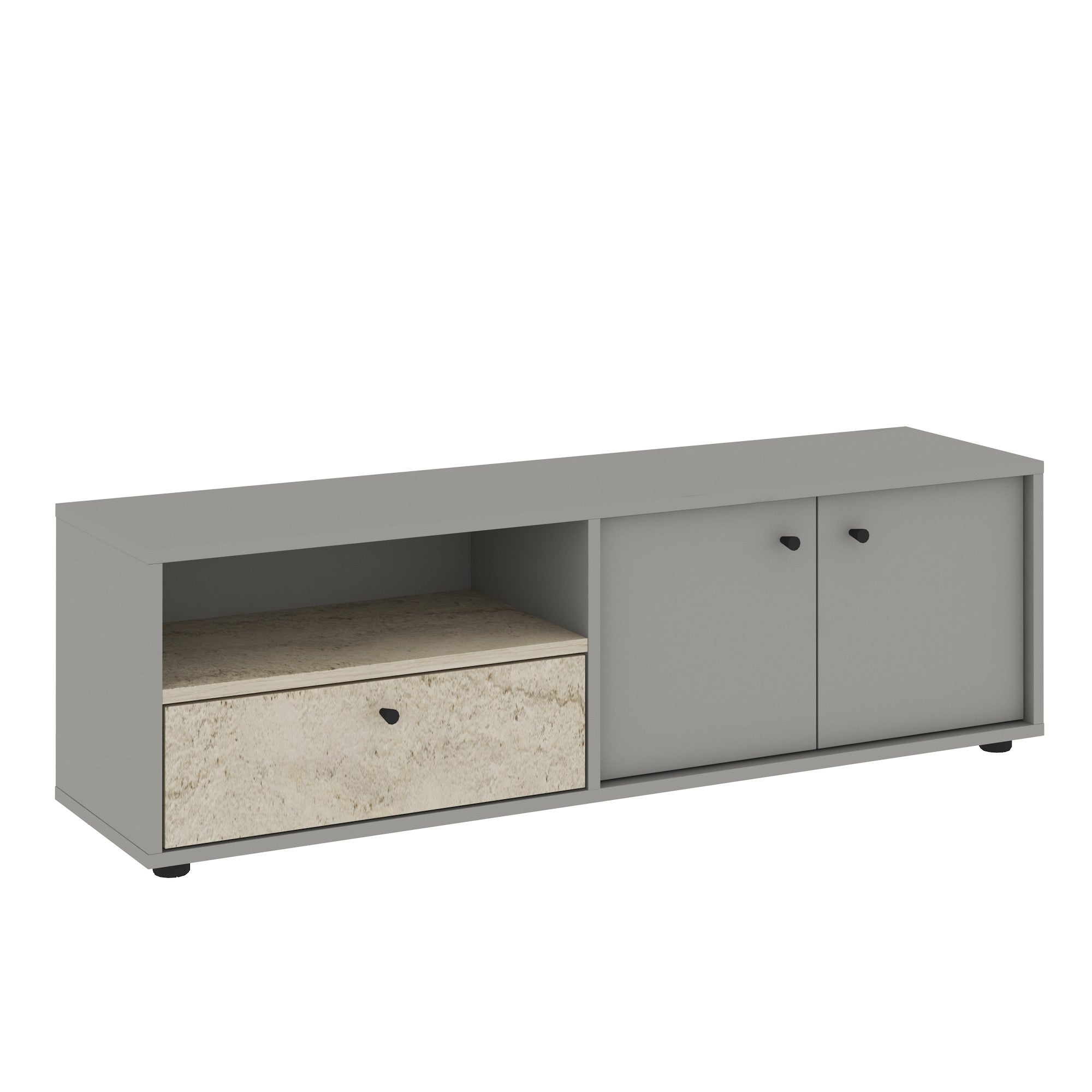Móvel de TV – 136 cm x 42 cm x 35 cm – Cinzento e Travertino – Painel de partículas revestido a melamina