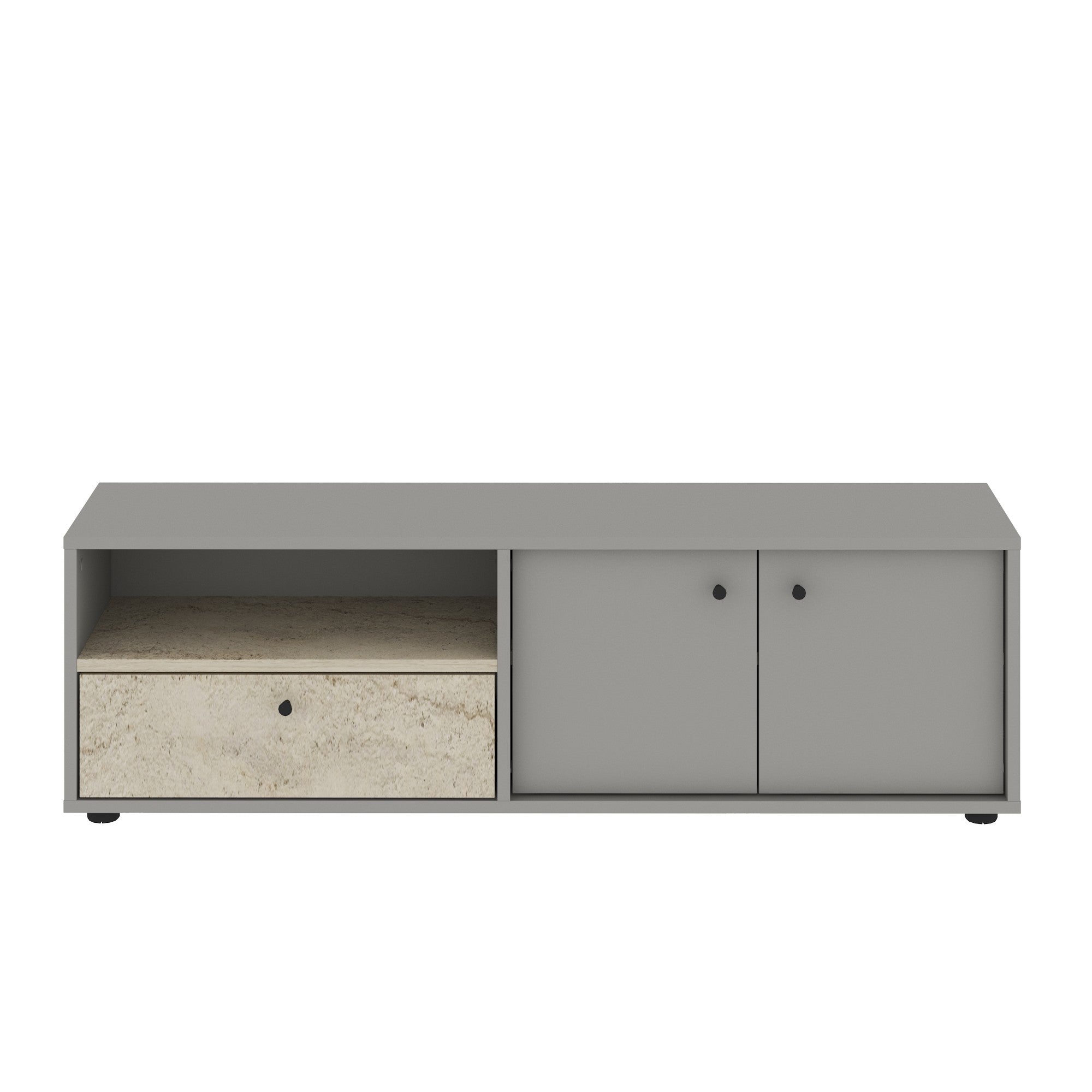 Móvel de TV – 136 cm x 42 cm x 35 cm – Cinzento e Travertino – Painel de partículas revestido a melamina