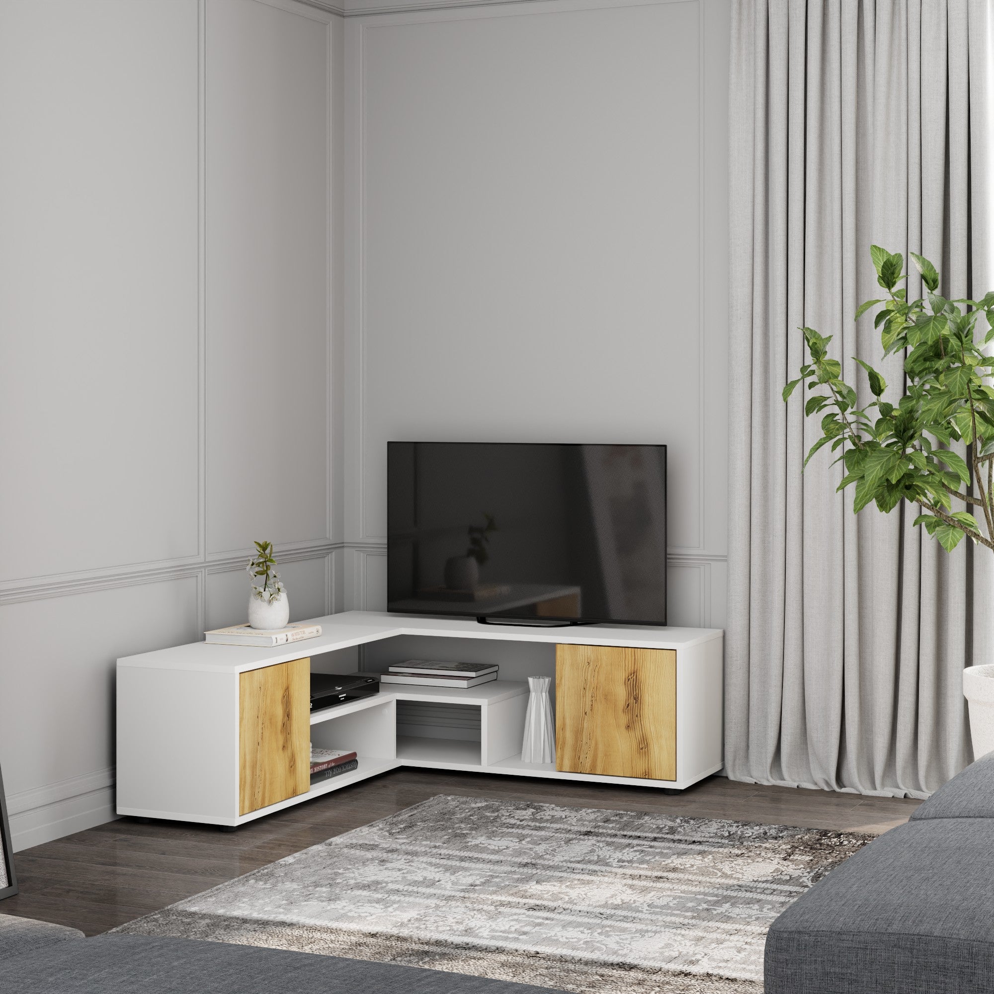 Móvel de TV – 120cm/125cm x 40cm x 35cm – Branco e Carvalho – MDF