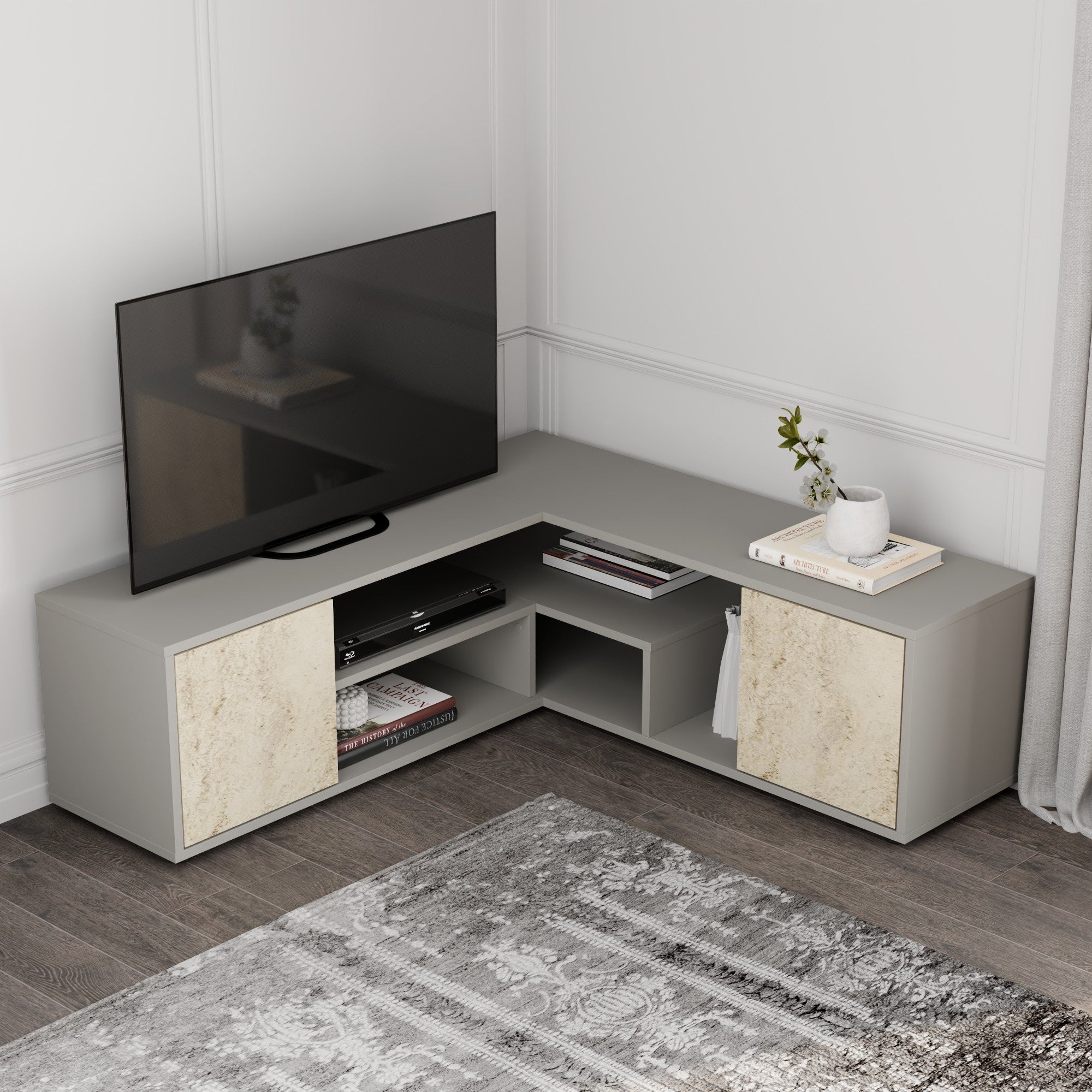 Móvel de TV – 120 cm x 125 cm x 40 cm x 35 cm – Cinzento e Travertino – Painel de partículas revestido a melamina