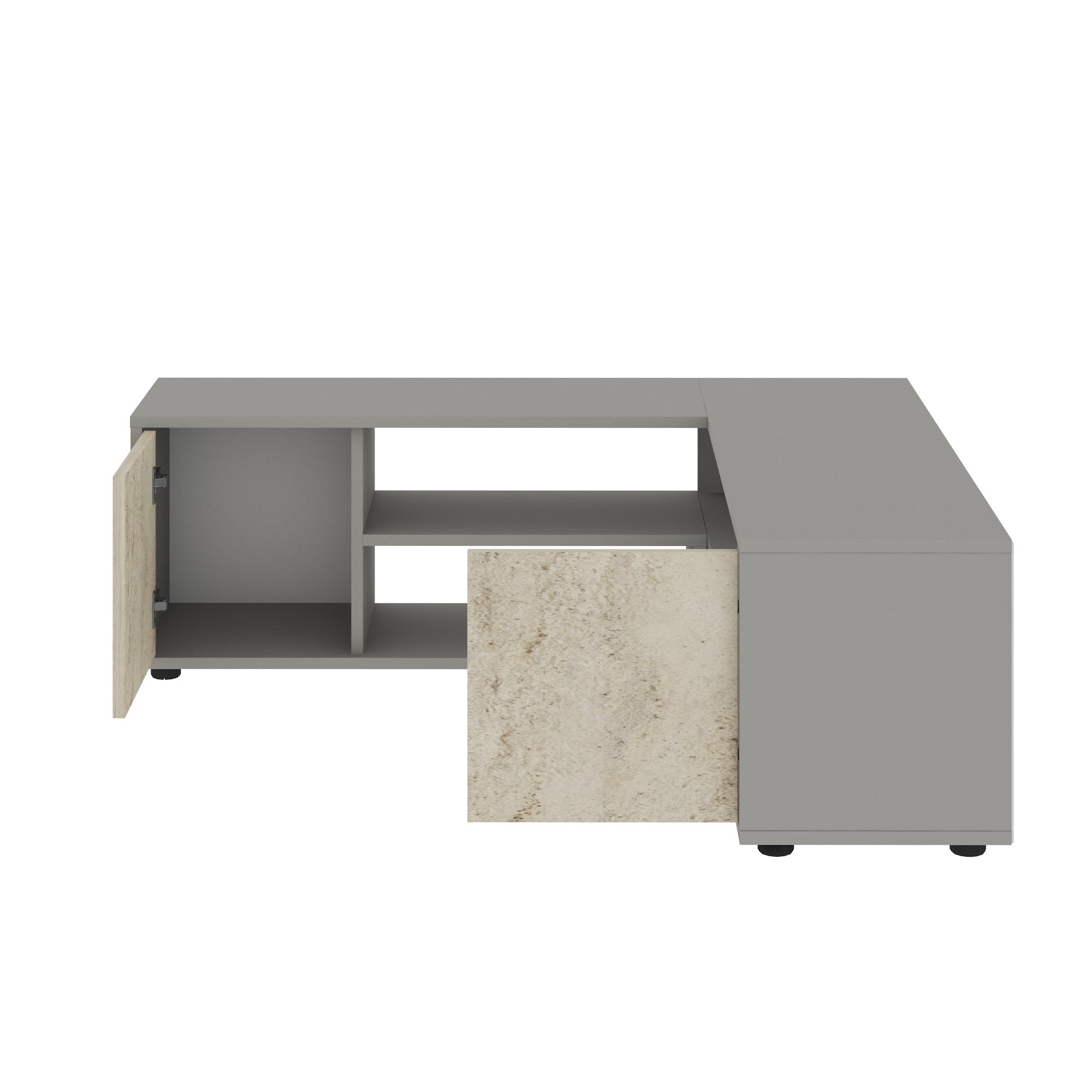 Móvel de TV – 120 cm x 125 cm x 40 cm x 35 cm – Cinzento e Travertino – Painel de partículas revestido a melamina