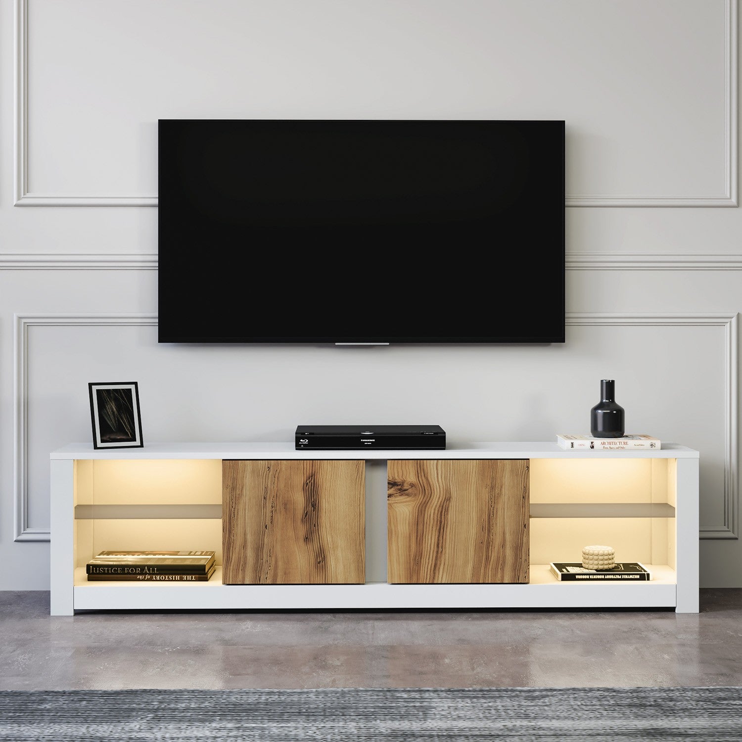 Móvel de TV – 180cm x 45cm x 35cm – Branco e Carvalho – Painel de Partículas