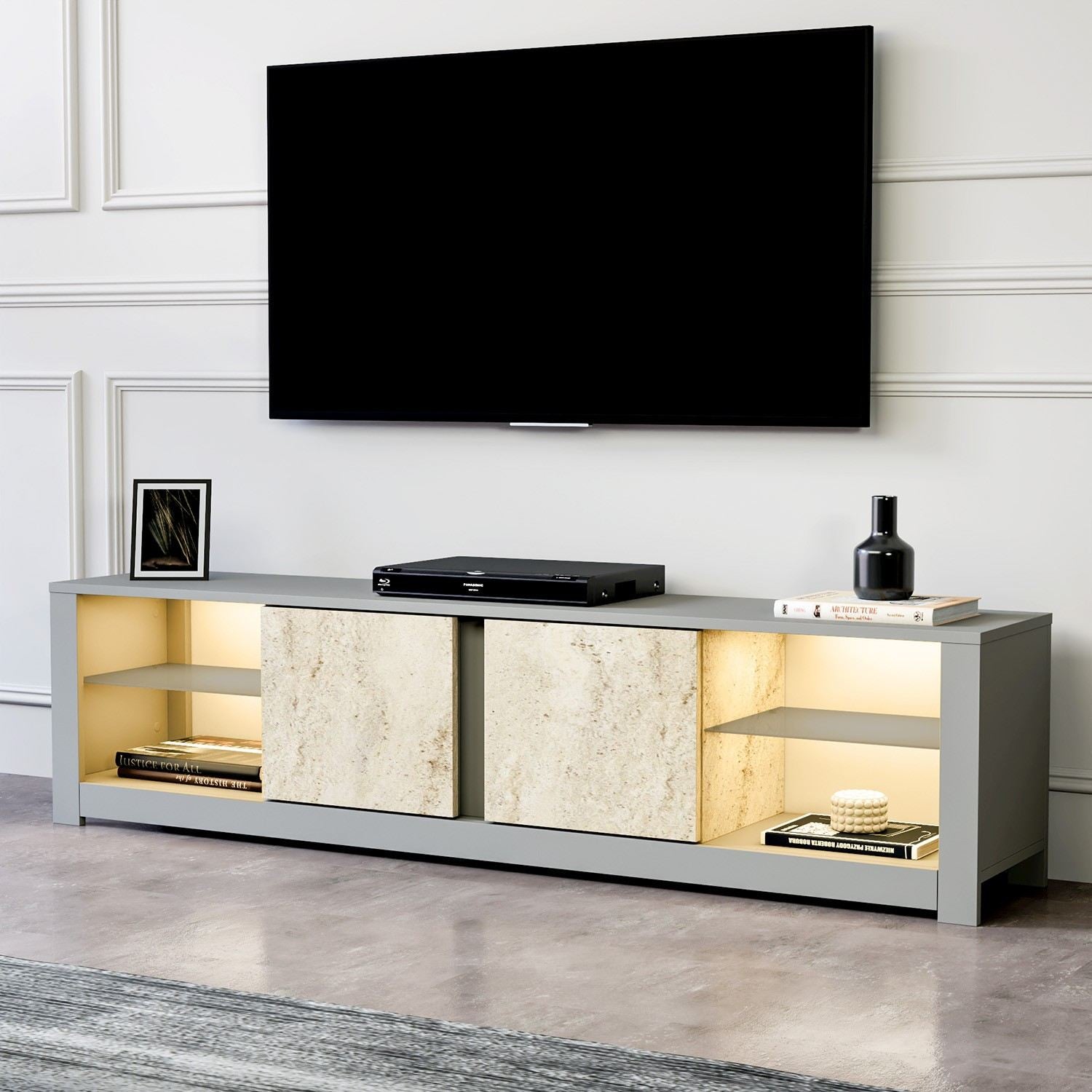 Móvel de TV – 180 cm x 45 cm x 35 cm – Cinzento e Travertino – Painéis de partículas revestidos a melamina