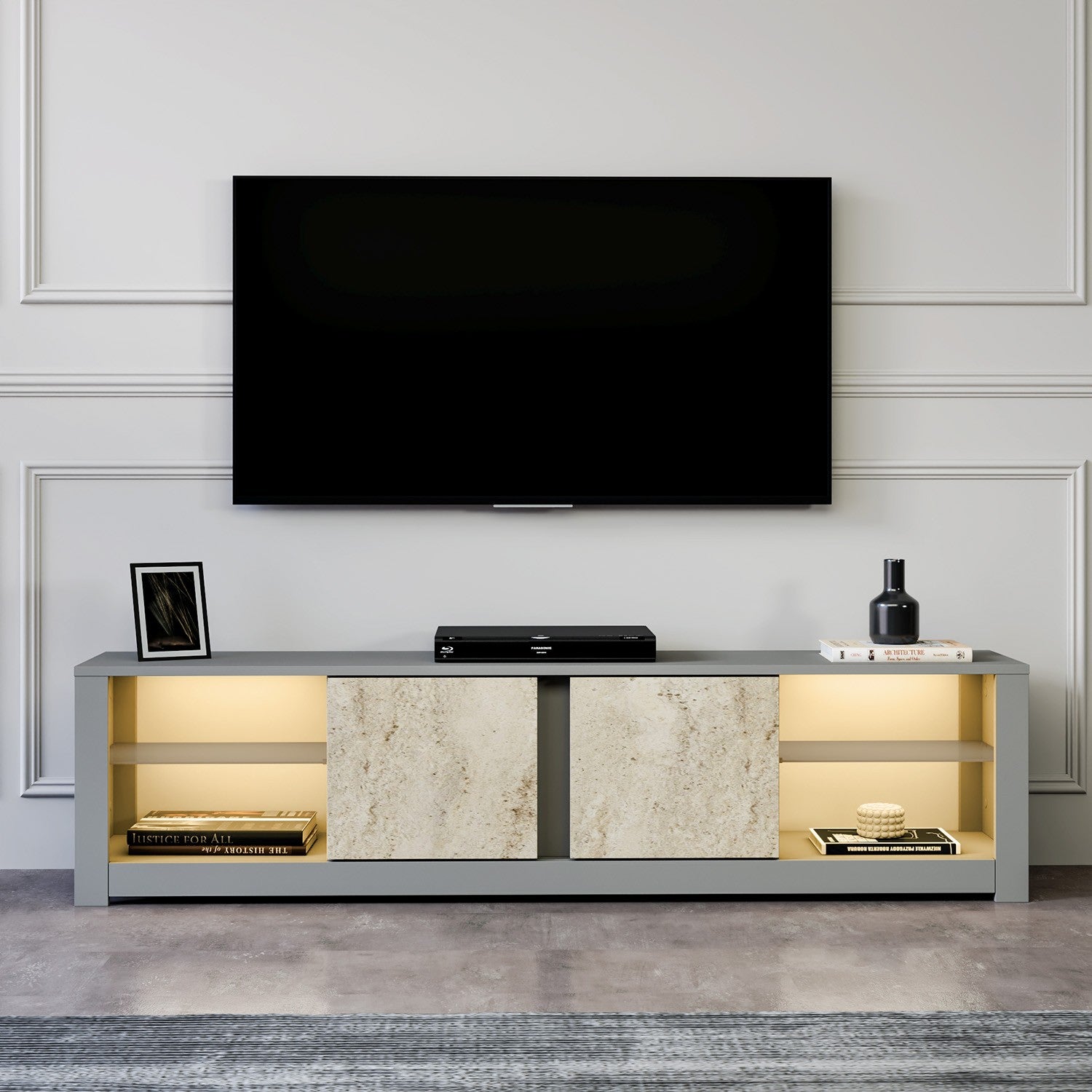 Móvel de TV – 180 cm x 45 cm x 35 cm – Cinzento e Travertino – Painéis de partículas revestidos a melamina