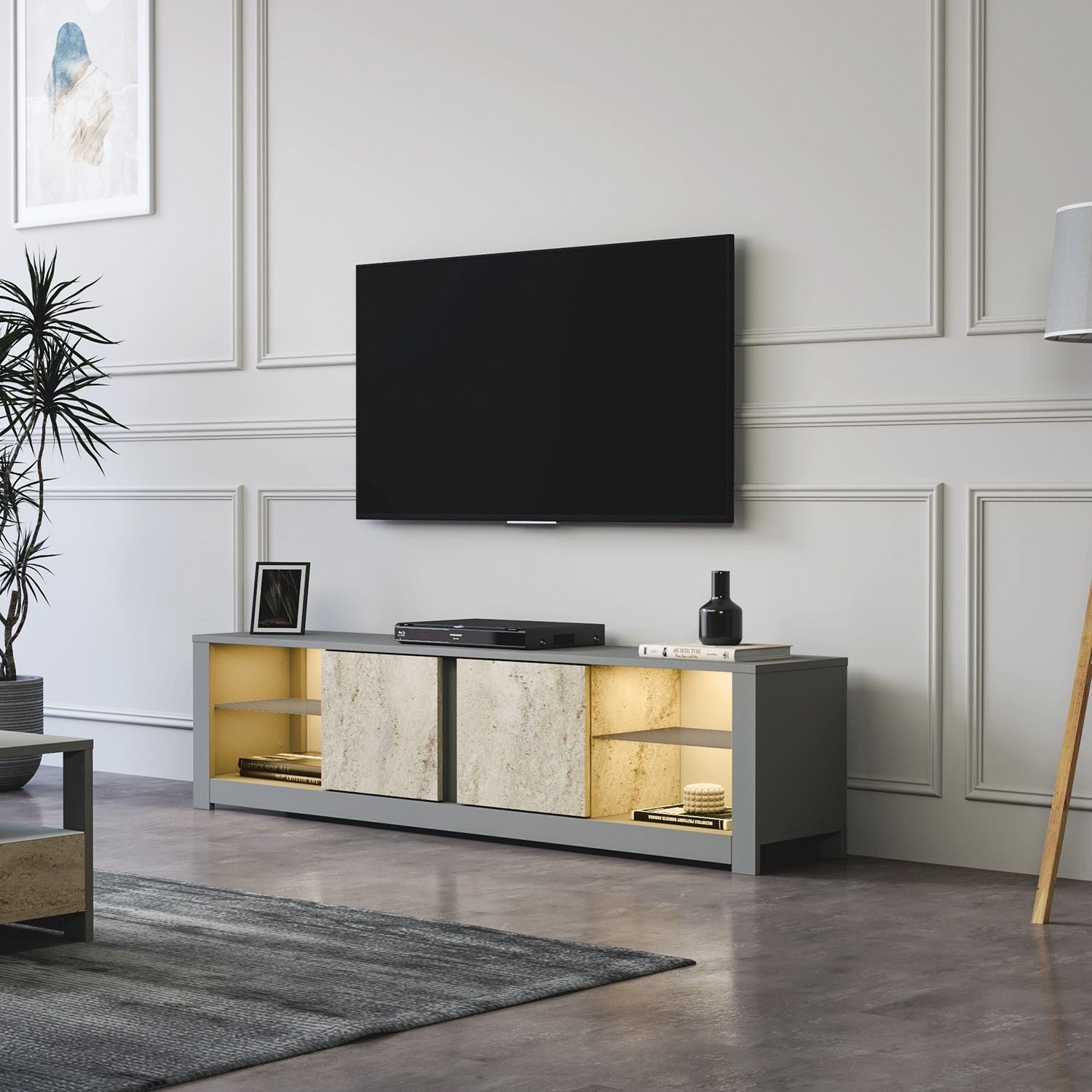 Móvel de TV – 180 cm x 45 cm x 35 cm – Cinzento e Travertino – Painéis de partículas revestidos a melamina