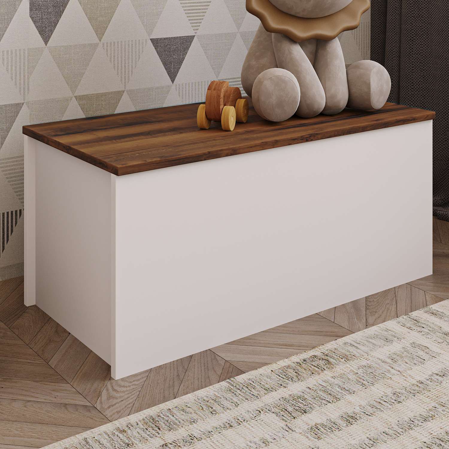 Baú – 90 cm x 45,5 cm x 45 cm – Branco e Nogueira – MDF