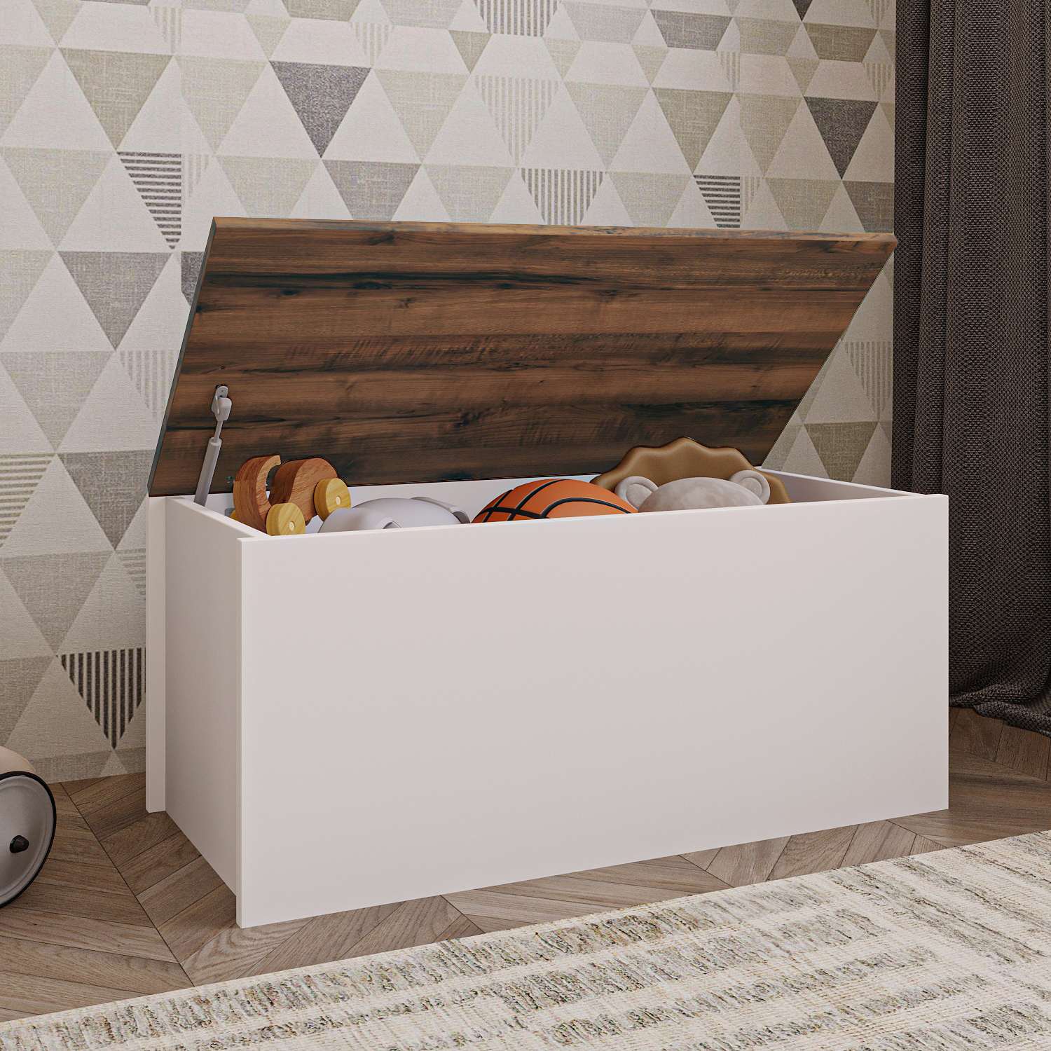 Baú – 90 cm x 45,5 cm x 45 cm – Branco e Nogueira – MDF