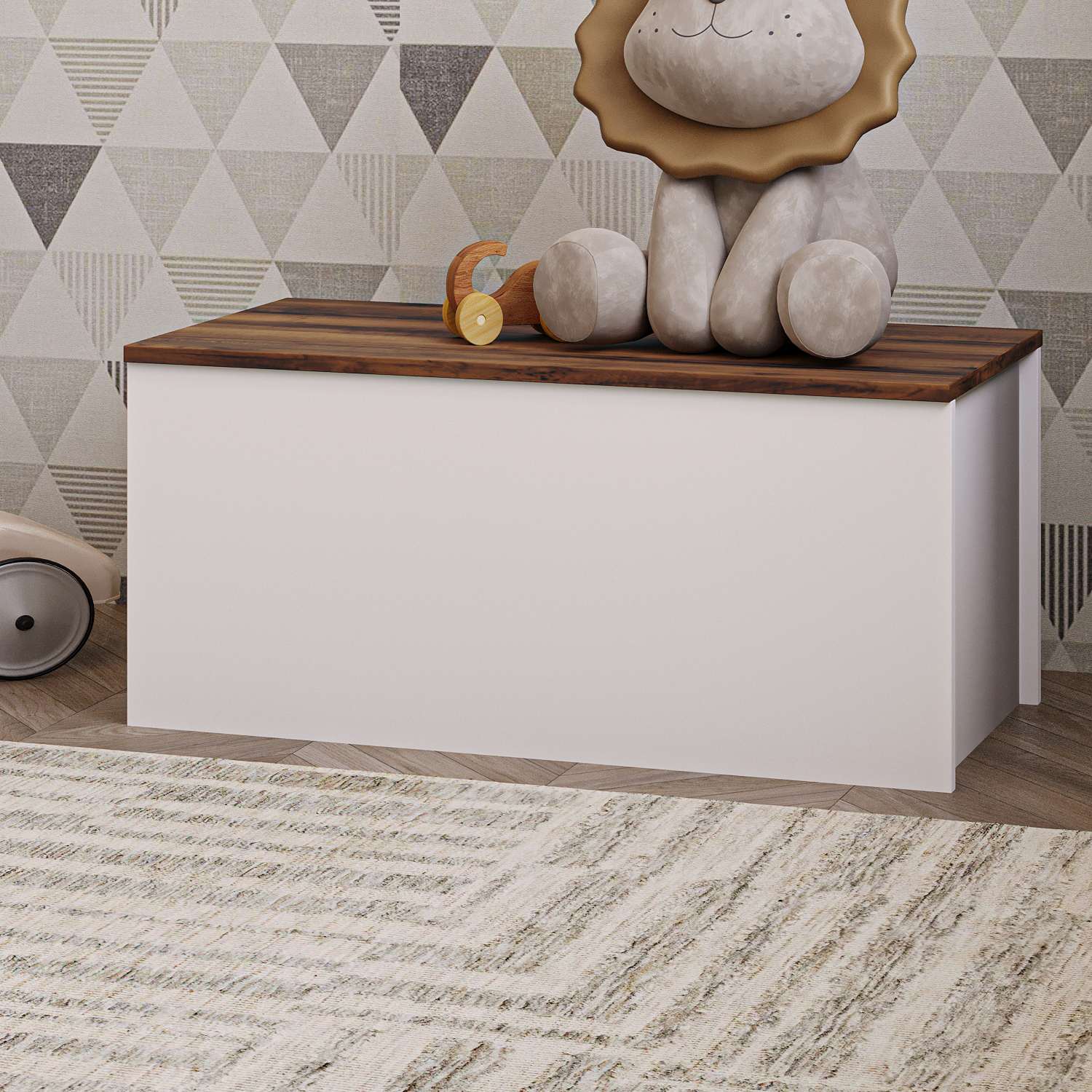 Baú – 90 cm x 45,5 cm x 45 cm – Branco e Nogueira – MDF