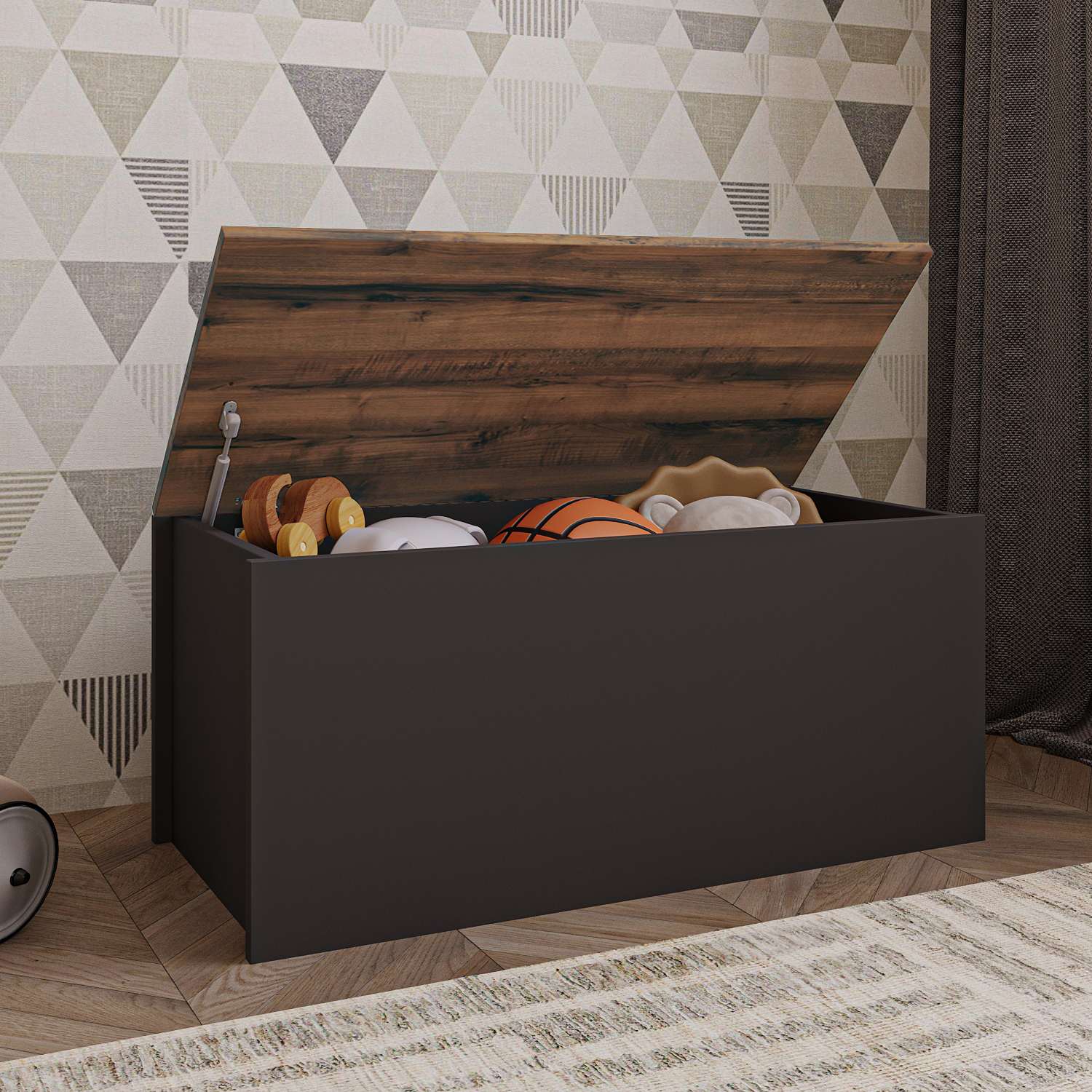 Baú – 90 cm x 45,5 cm x 45 cm – Antracite e Nogueira – Aglomerado