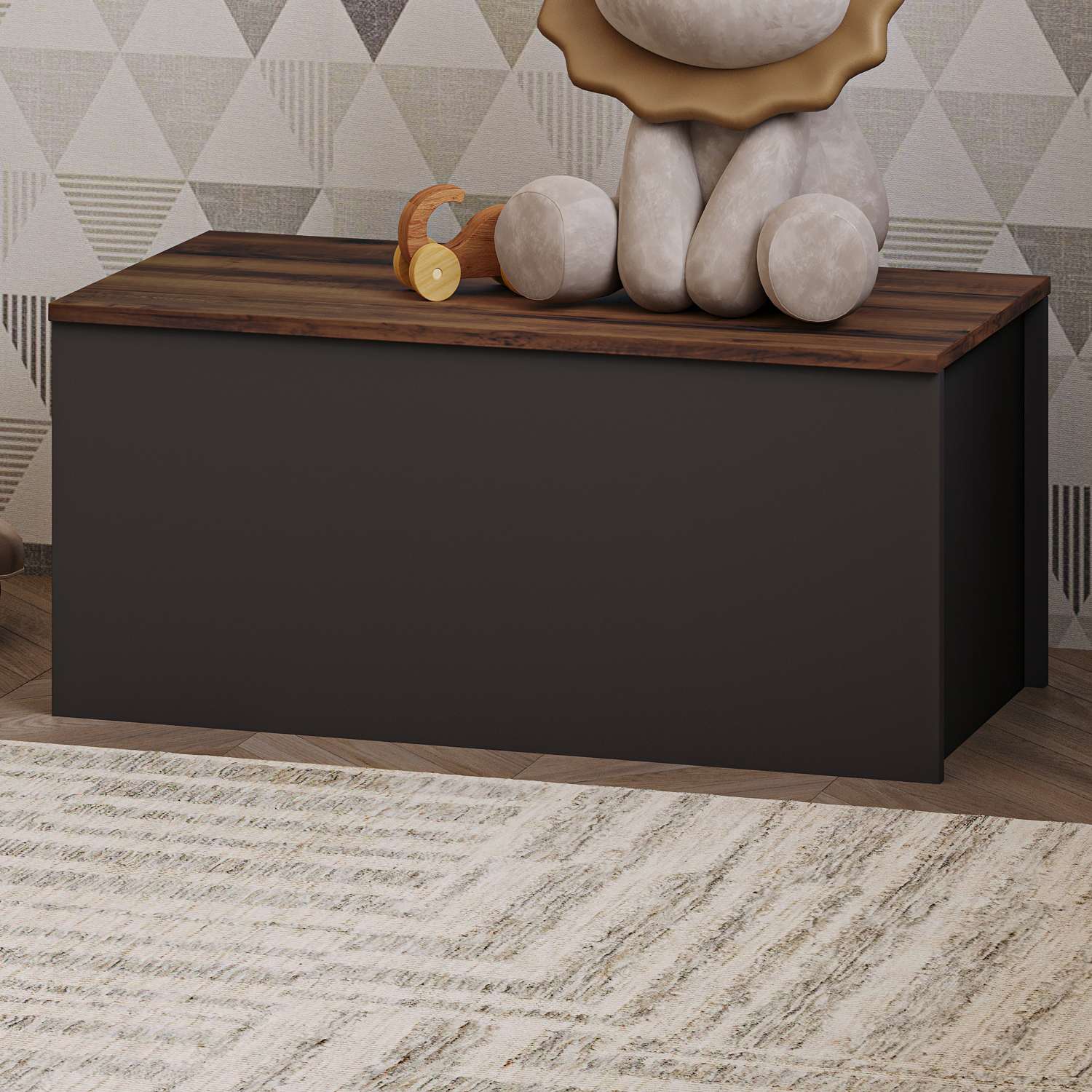 Baú – 90 cm x 45,5 cm x 45 cm – Antracite e Nogueira – Aglomerado