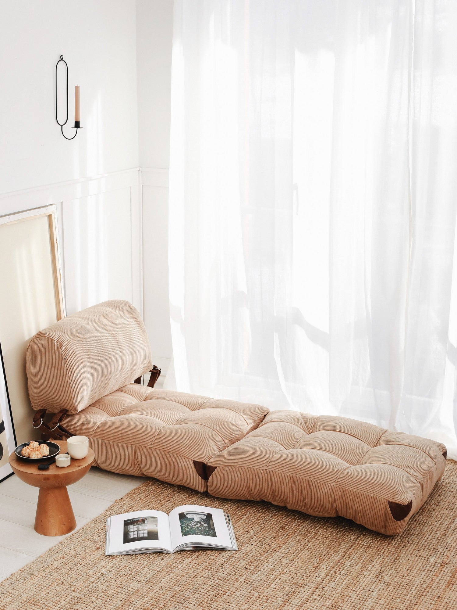 Sofá-cama elegante de 1 lugar, veludo cotelê camelo, 80 x 70 x 60 cm | 100% poliéster, altura confortável de 24 cm, transforma-se em cama de 160 cm | Perfeito para espaços pequenos