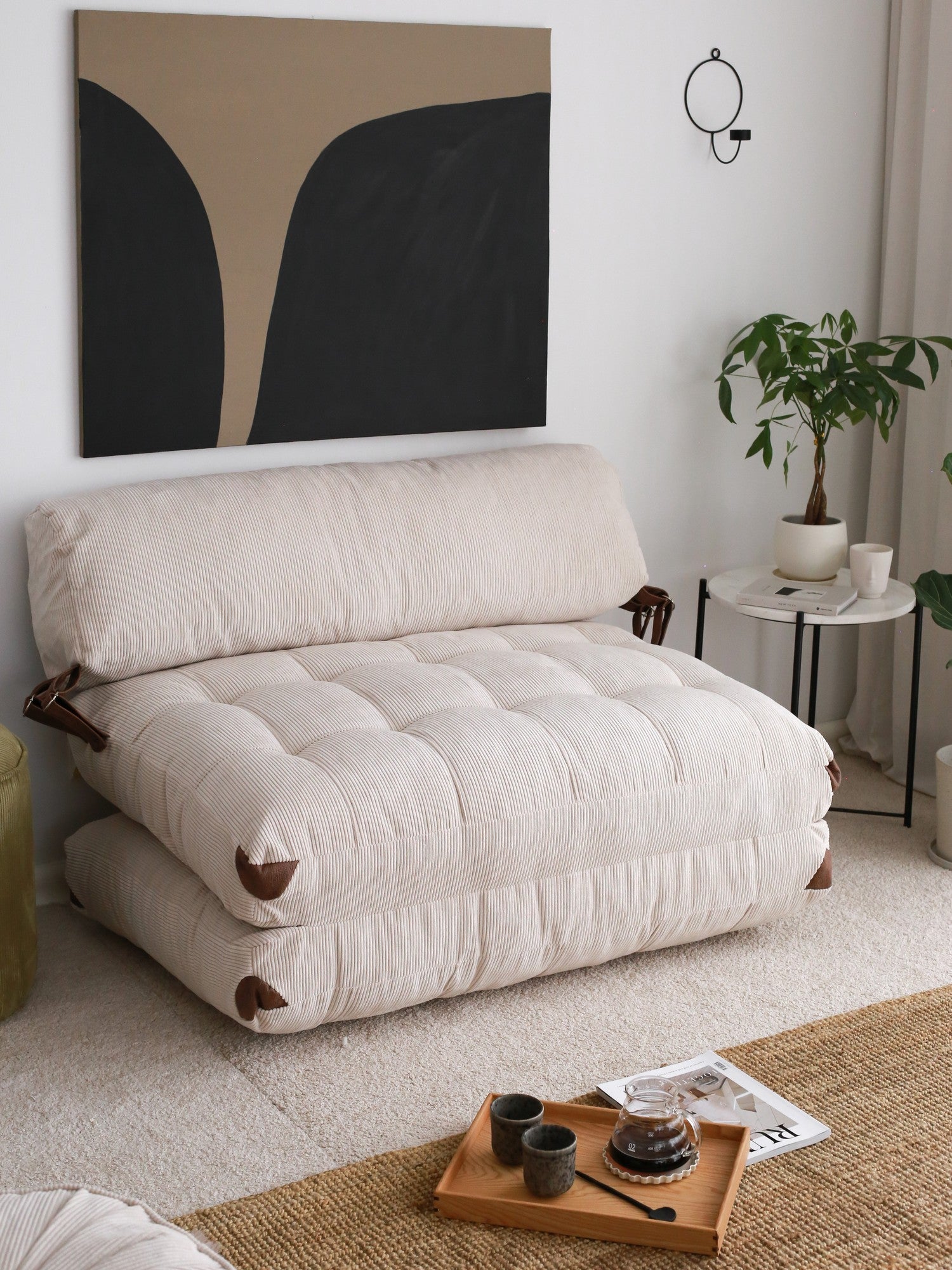 Sofá-cama elegante de 2 lugares, veludo cotelê branco, 120 x 75 x 79 cm | 100% poliéster, altura confortável de 24 cm, transforma-se em cama de 150 cm | Perfeito para espaços de convivência modernos