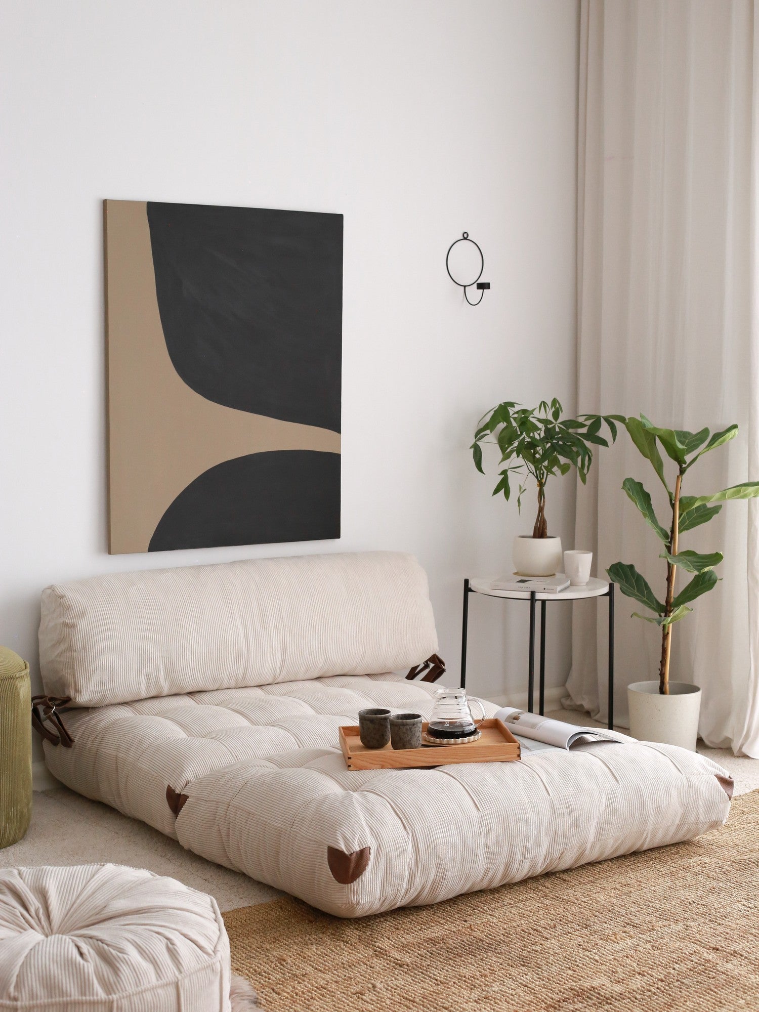 Sofá-cama elegante de 2 lugares, veludo cotelê branco, 120 x 75 x 79 cm | 100% poliéster, altura confortável de 24 cm, transforma-se em cama de 150 cm | Perfeito para espaços de convivência modernos